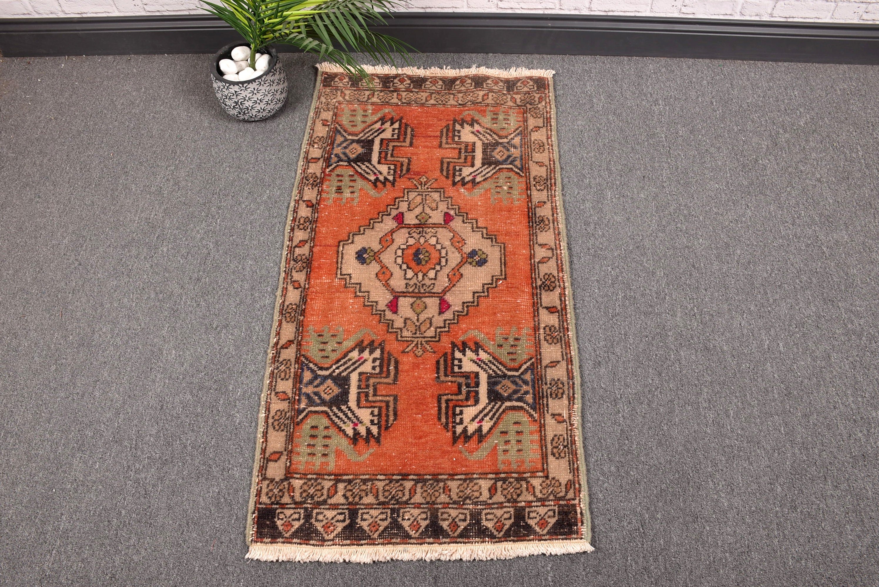 Vintage Rug, Antique Rugs, Oriental Rugs, Bath Rugs, Bedroom Rug, Orange Floor Rug, Rugs for Door Mat, Turkish Rug, 1.8x3.4 ft Small Rug