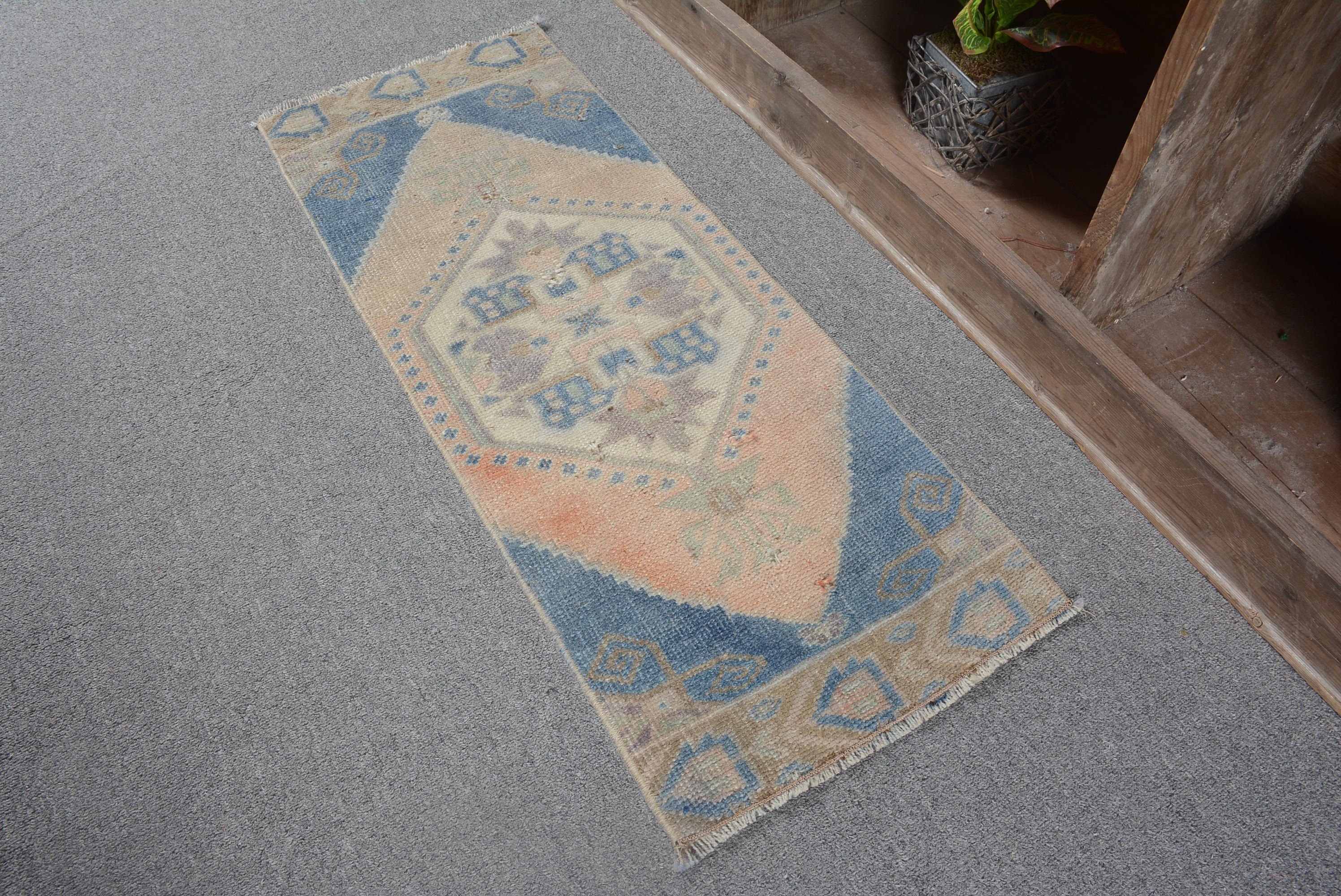 1.2x3.1 ft Small Rug, Car Mat Rug, Turkish Rugs, Rugs for Bath, Anatolian Rug, Vintage Rug, Entry Rug, Blue Antique Rugs, Kitchen Rug