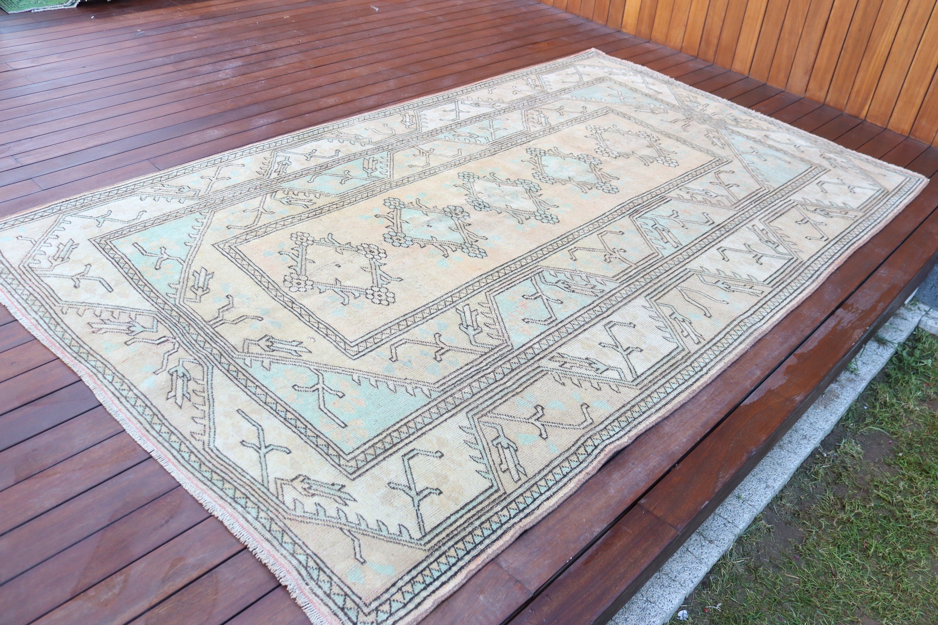 Türk Halıları, Vintage Halı, Bej Antika Halılar, Geometrik Halılar, Yemek Odası Halısı, 5.2x8.4 ft Büyük Halı, Salon Halısı, Yün Halılar, Aztek Halısı