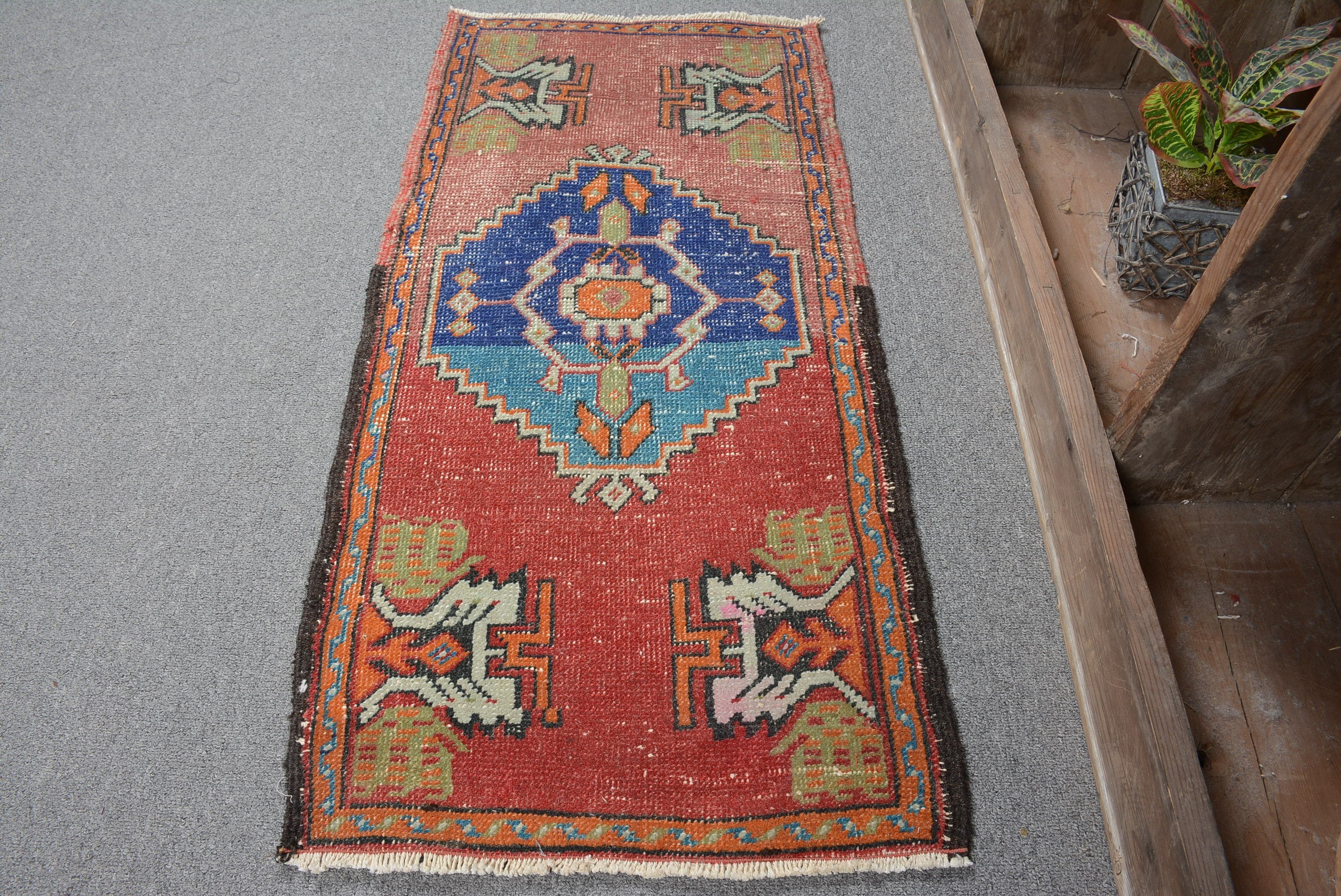 Moroccan Rugs, Vintage Rugs, Oriental Rugs, Bright Rug, 1.5x3.2 ft Small Rugs, Turkish Rug, Red Antique Rug, Wall Hanging Rug, Bathroom Rug