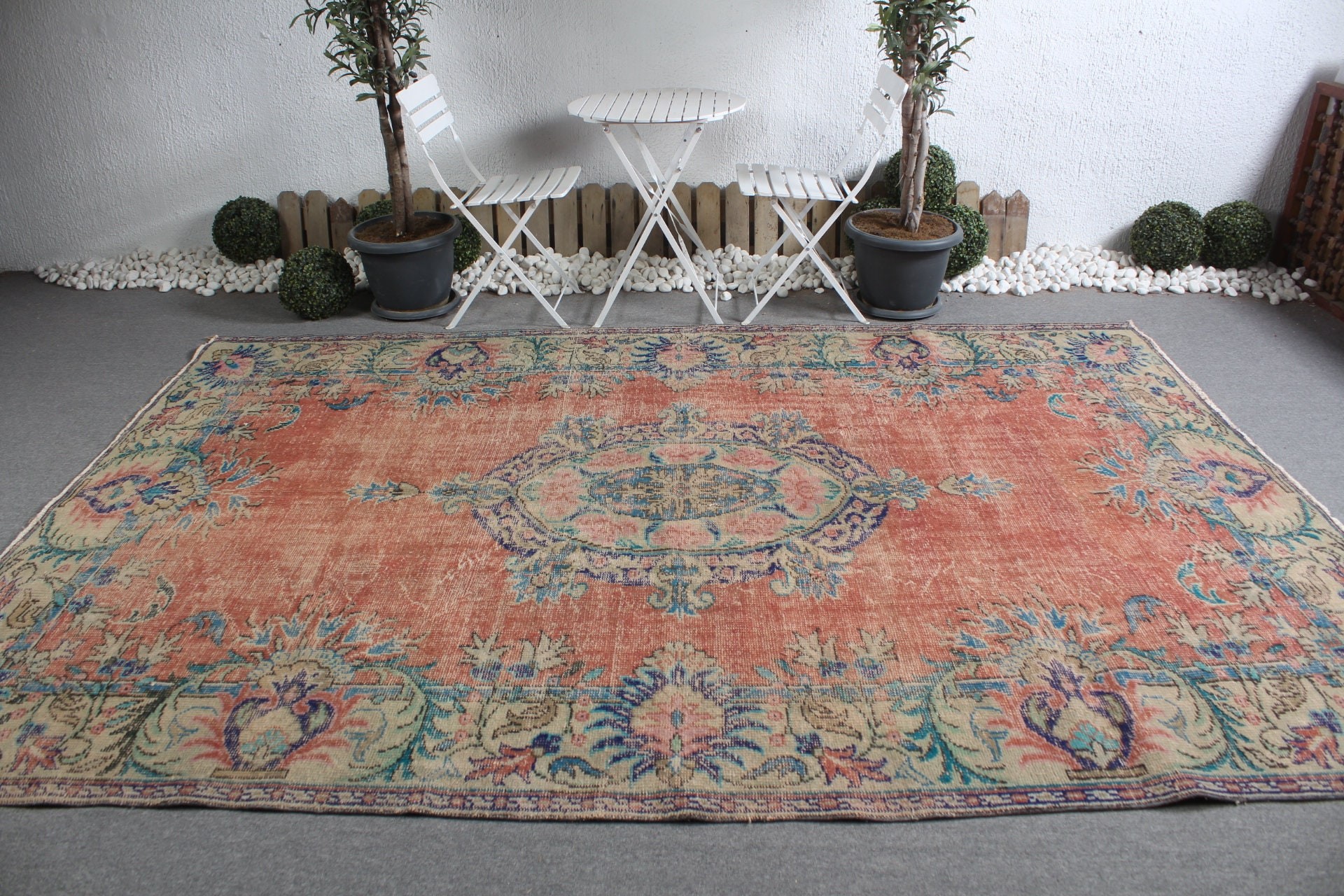 Vintage Rug, Orange Bedroom Rug, Dining Room Rug, Bedroom Rug, Turkish Rug, Salon Rug, 7.3x10.5 ft Oversize Rug, Natural Rugs, Oushak Rug