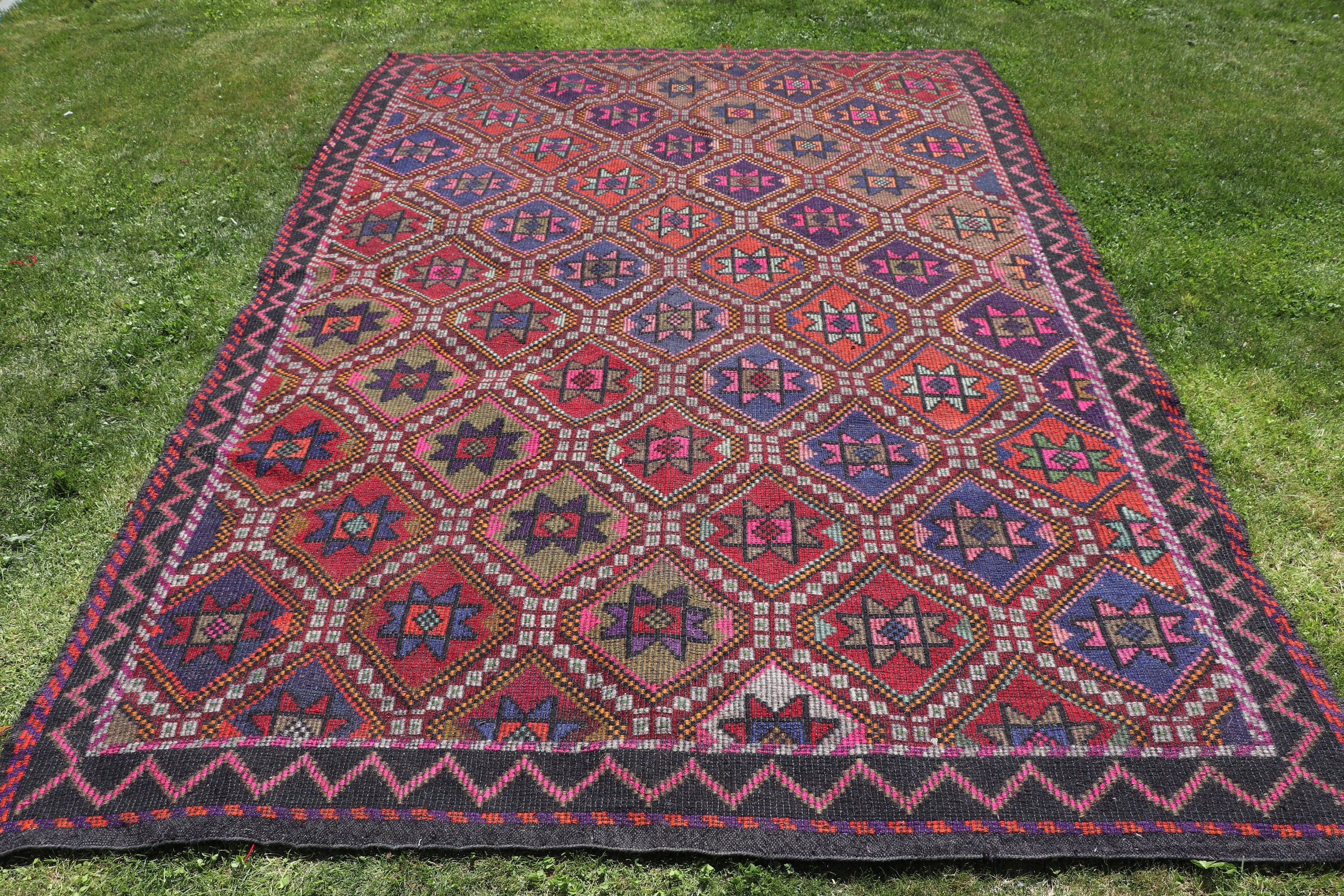 Büyük Vintage Halılar, Antika Halı, Yün Halılar, 6.6x9.6 ft Büyük Halı, Büyük Oushak Halıları, Türk Halıları, Siyah Açıklama Halısı, Vintage Halı, Kilim