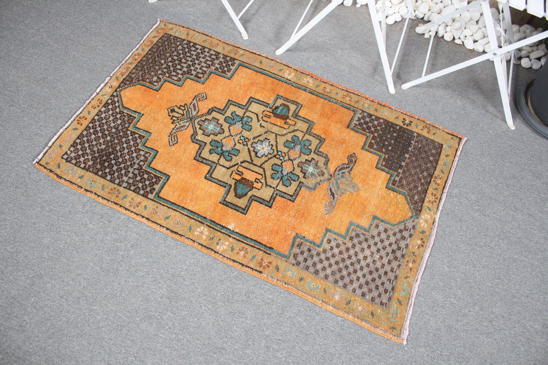 Araba Paspas Halısı, Sessiz Halı, 2,5x3,8 ft Küçük Halı, Giriş Halıları, Oushak Halıları, Turuncu Antika Halılar, Vintage Halılar, Türk Halıları