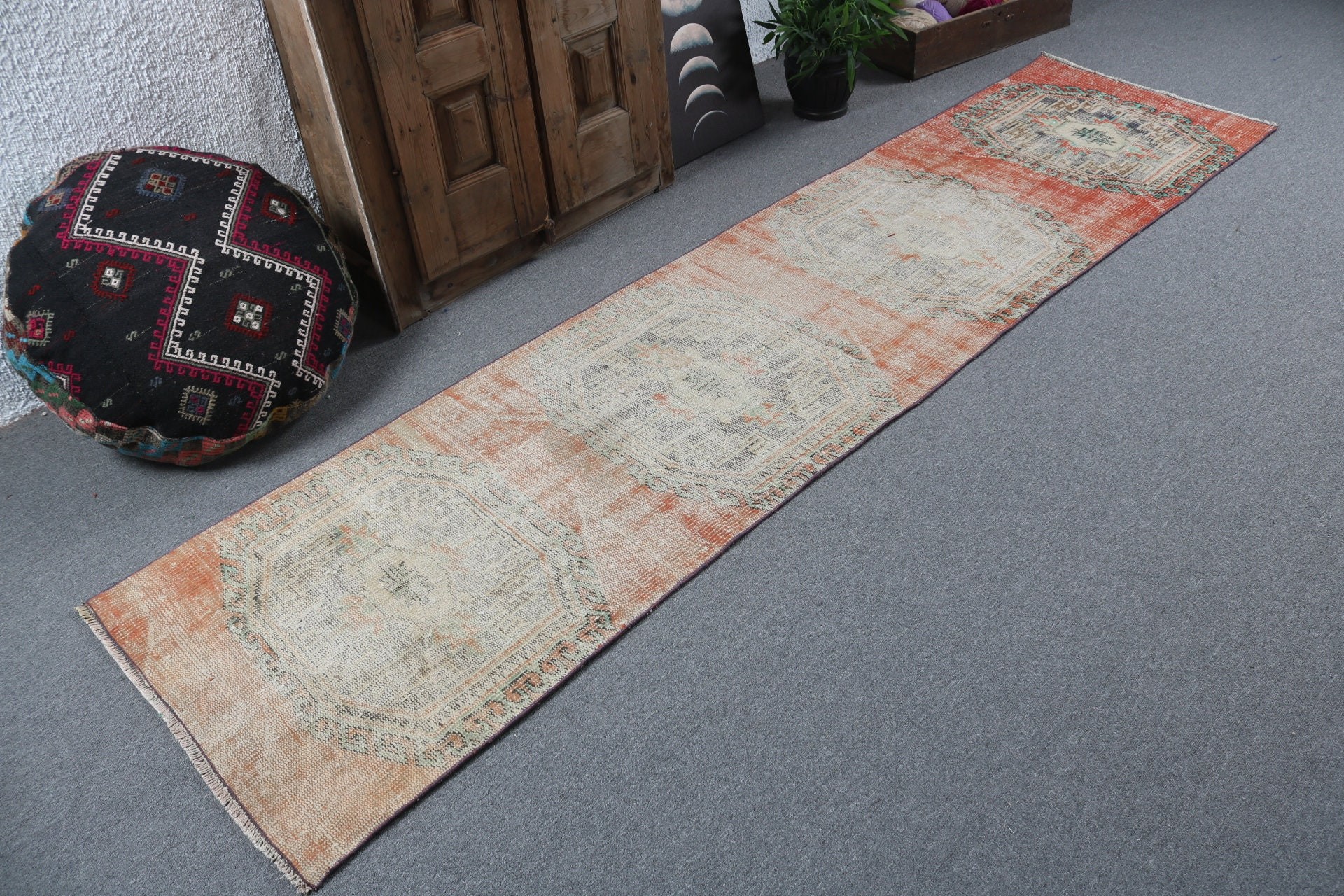 Beni Ourain Runner Rug, Boho Rug, Turkish Rugs, Vintage Rugs, 2.5x9.8 ft Runner Rugs, Flatweave Rugs, Hallway Rugs, Orange Kitchen Rugs