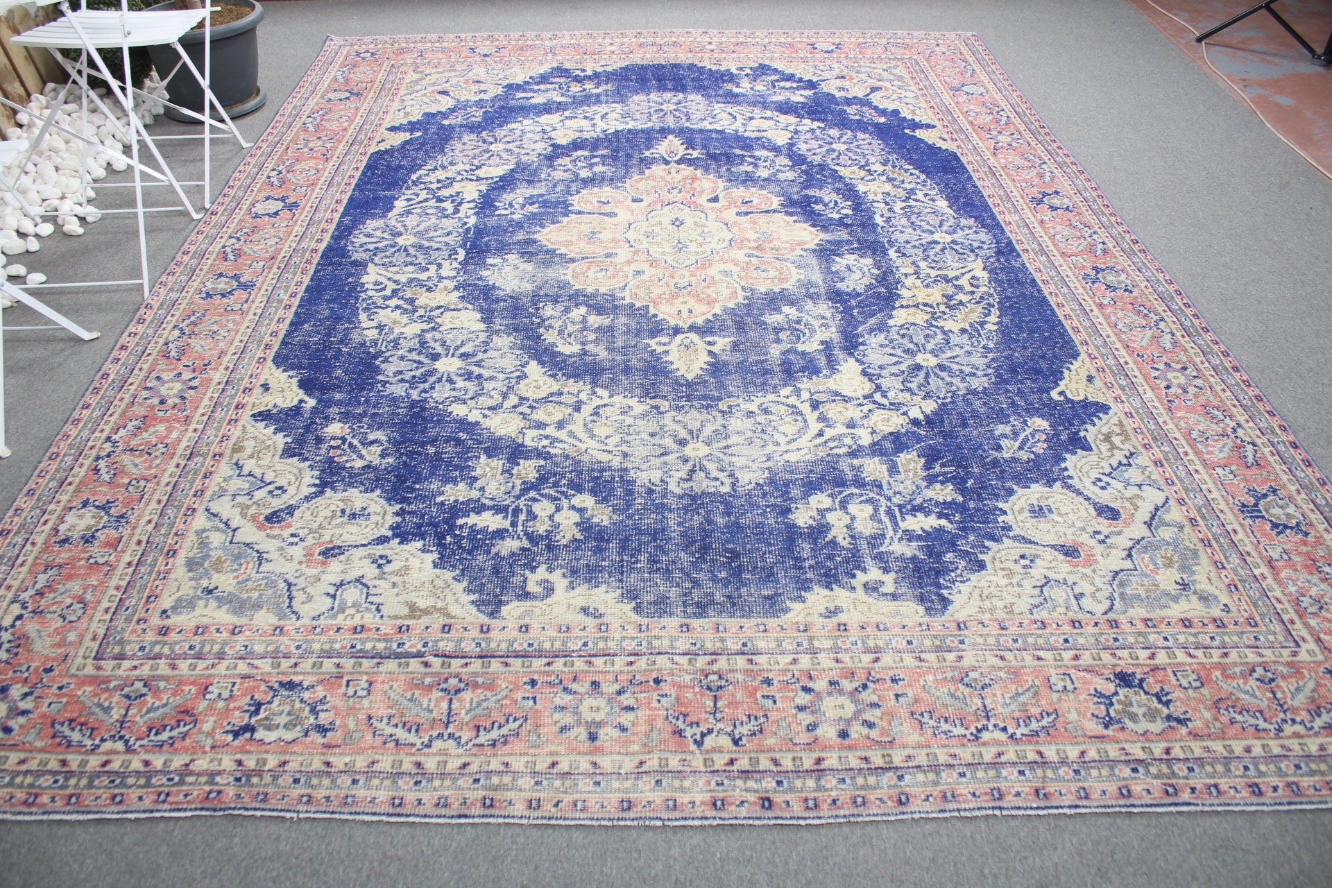 Antika Halı, Mavi Yer Halısı, Türk Halısı, Dış Mekan Halısı, Yemek Odası Halısı, Oushak Halısı, Vintage Halı, 8.3x10.9 ft Büyük Boy Halı, Oturma Odası Halıları