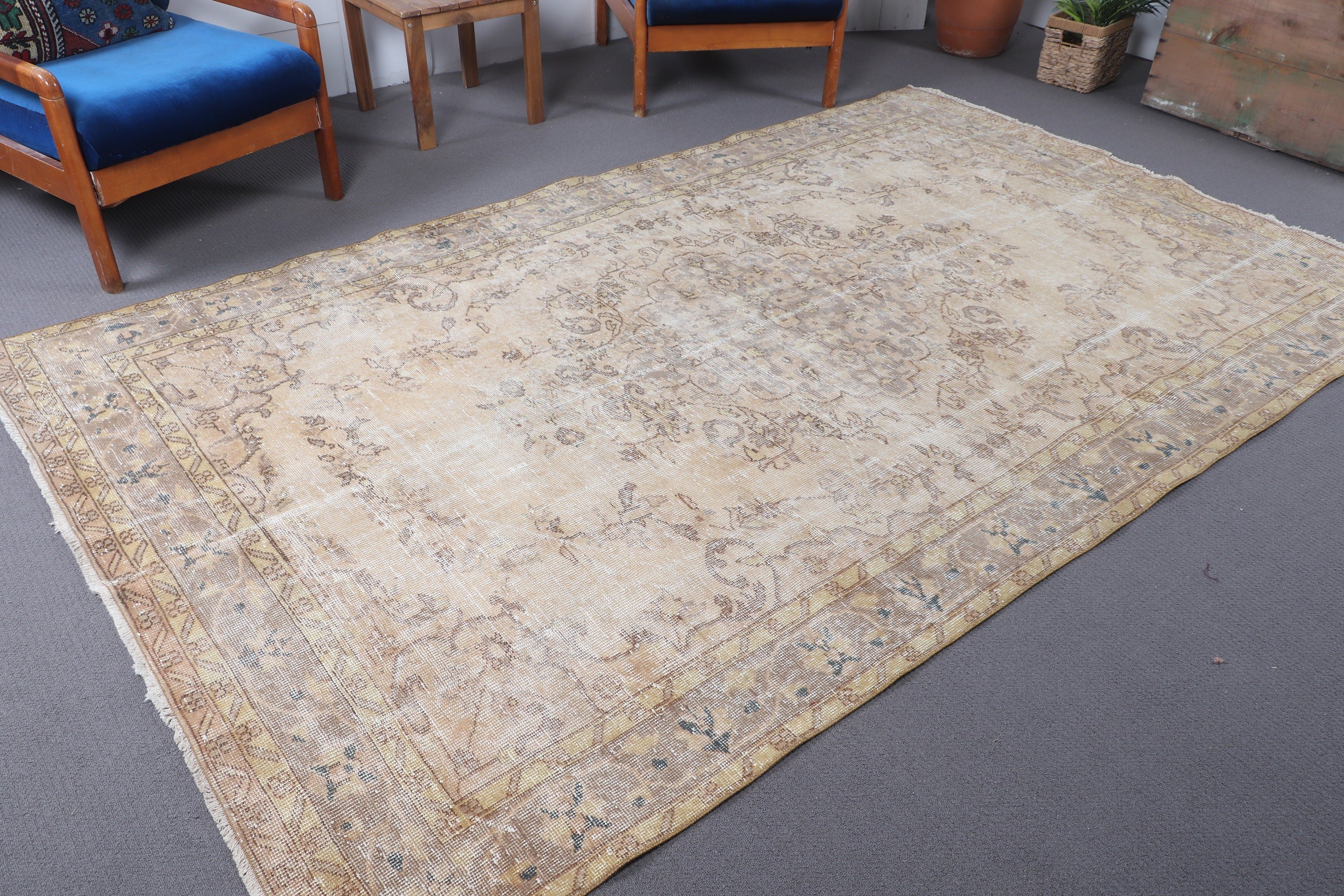 Nötr Halılar, Sarı Mutfak Halısı, Büyük Oushak Halıları, Vintage Halı, Türk Halıları, Anadolu Halıları, 5.9x9.5 ft Büyük Halı, Oturma Odası Halısı