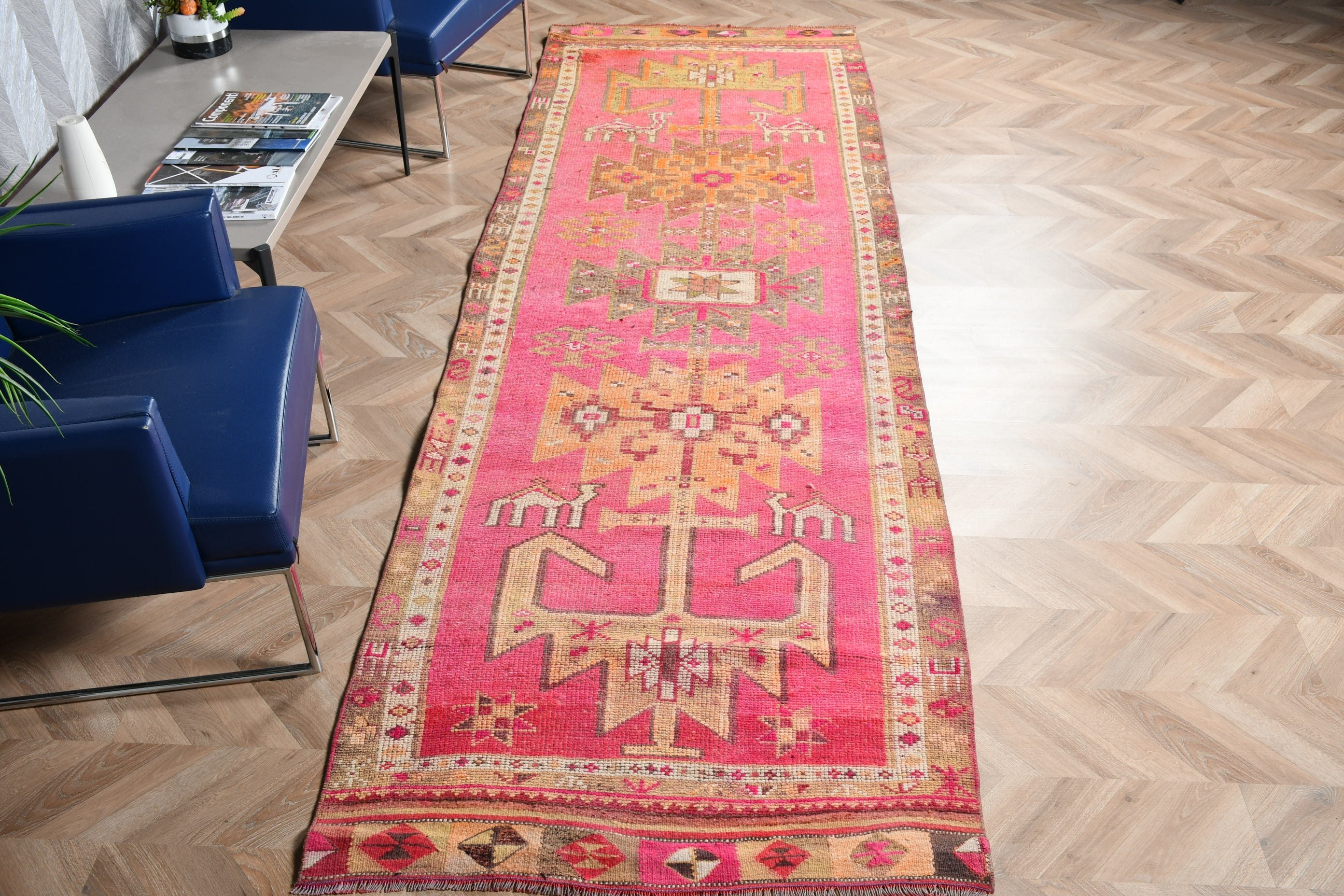 Sanat Halısı, Merdiven Halıları, 3,6x11,7 ft Koşucu Halısı, Oryantal Halılar, Koridor Halısı, Vintage Halı, Pembe Ev Dekor Halıları, Türk Halısı