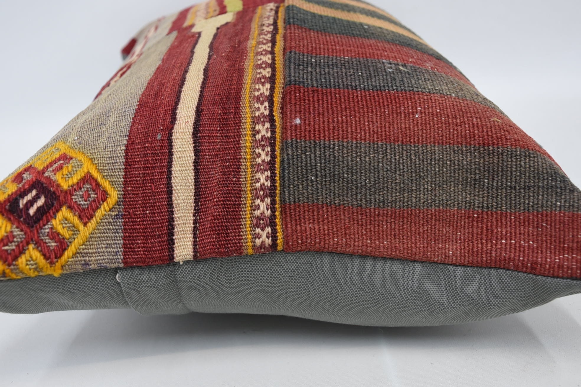 Ethnical Kilim Rug Pillow, 16"x24" Red Pillow Cover, Boho Pillow, Turkish Corner Cushion, Pillow for Couch, Knitted Pillow Cover