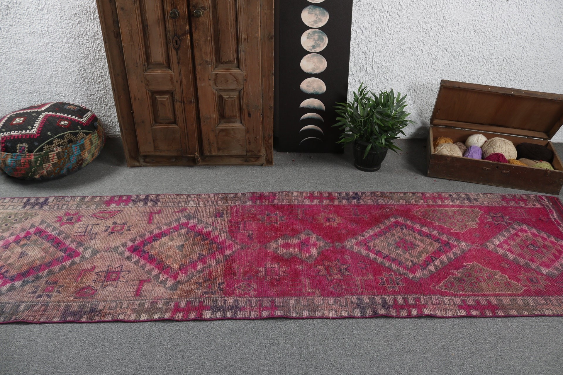 Oriental Rugs, Turkish Rug, Turkey Rug, Pink Geometric Rug, Bohemian Rug, Hallway Rugs, Kitchen Rugs, 2.8x10.4 ft Runner Rugs, Vintage Rugs