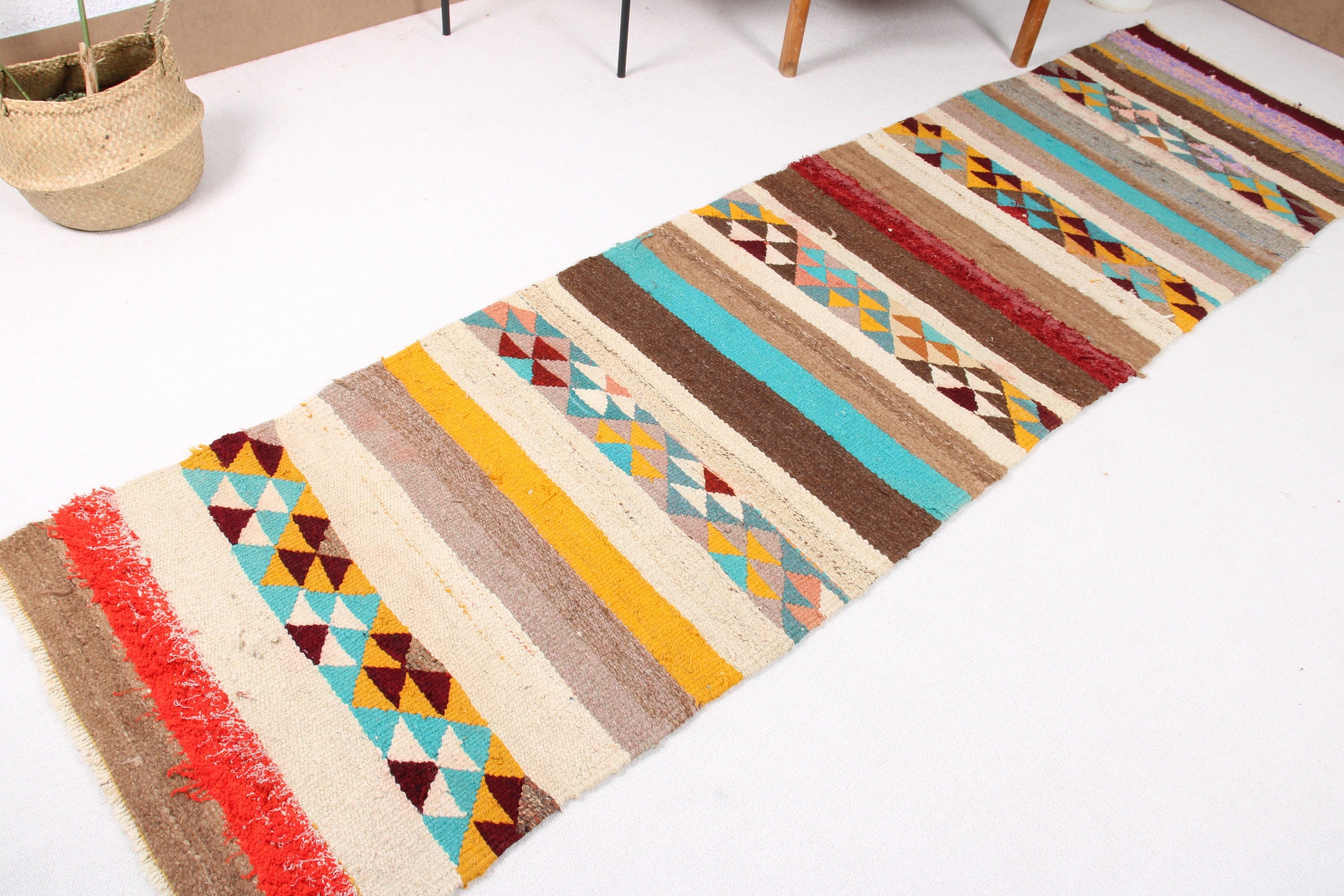 Modern Halı, Bej Geometrik Halı, Merdiven Halısı, Vintage Halı, Türk Halısı, 2.7x9.7 ft Runner Halısı, Kilim, Koridor Halısı, Ev Dekor Halısı, Yer Halısı