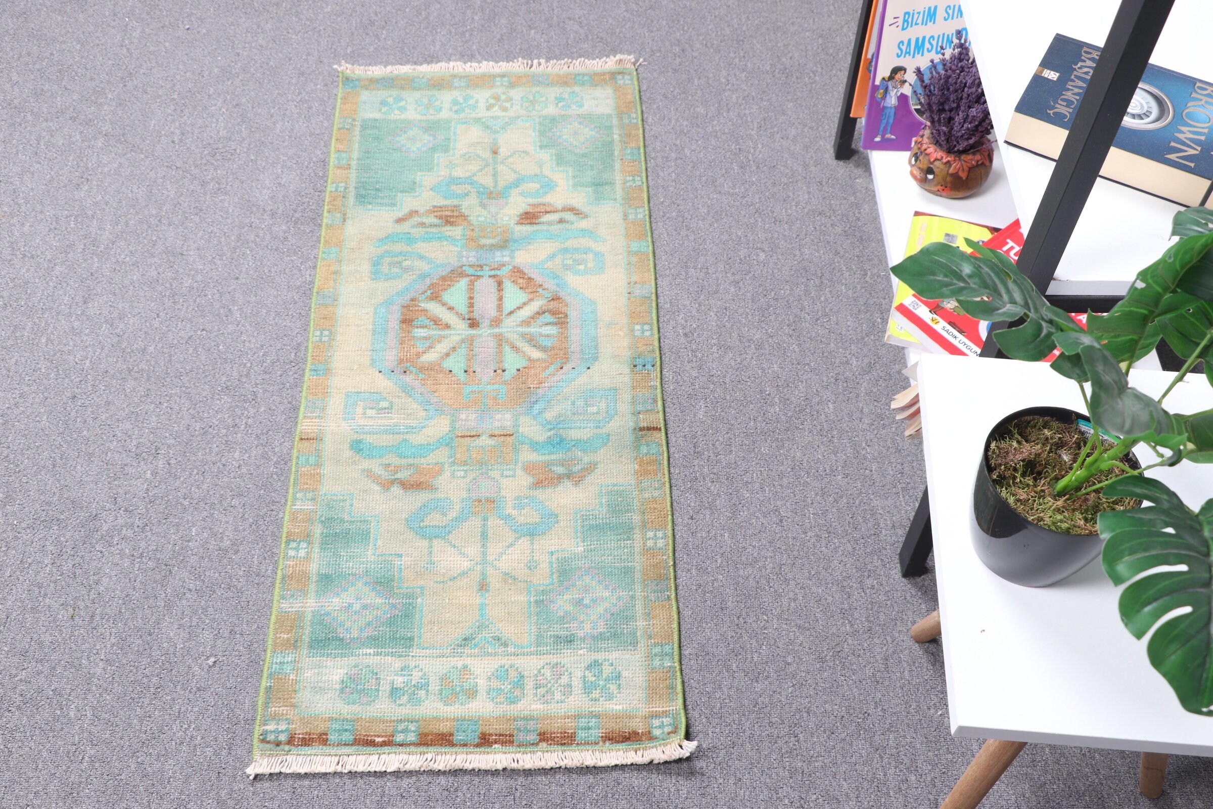 Oriental Rug, Turkish Rug, Nomadic Rug, Vintage Rug, Antique Rug, Car Mat Rug, 1.5x3.5 ft Small Rugs, Rugs for Bedroom, Green Bedroom Rugs