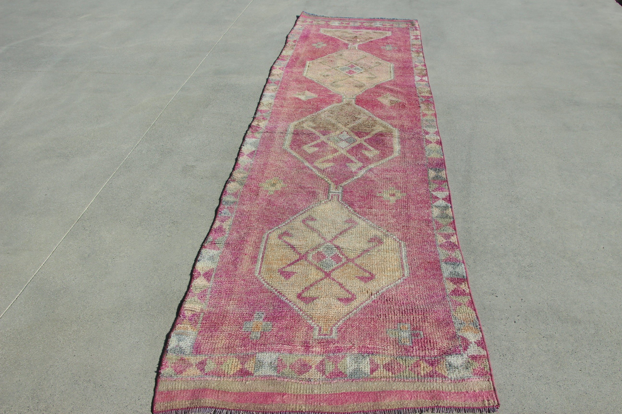 Yün Halı, Türk Halısı, Vintage Yolluk Halısı, Vintage Halılar, 3,1x11,3 ft Runner Halıları, Pembe Geometrik Halı, Merdiven Halısı, Lüks Halılar, Oryantal Halılar