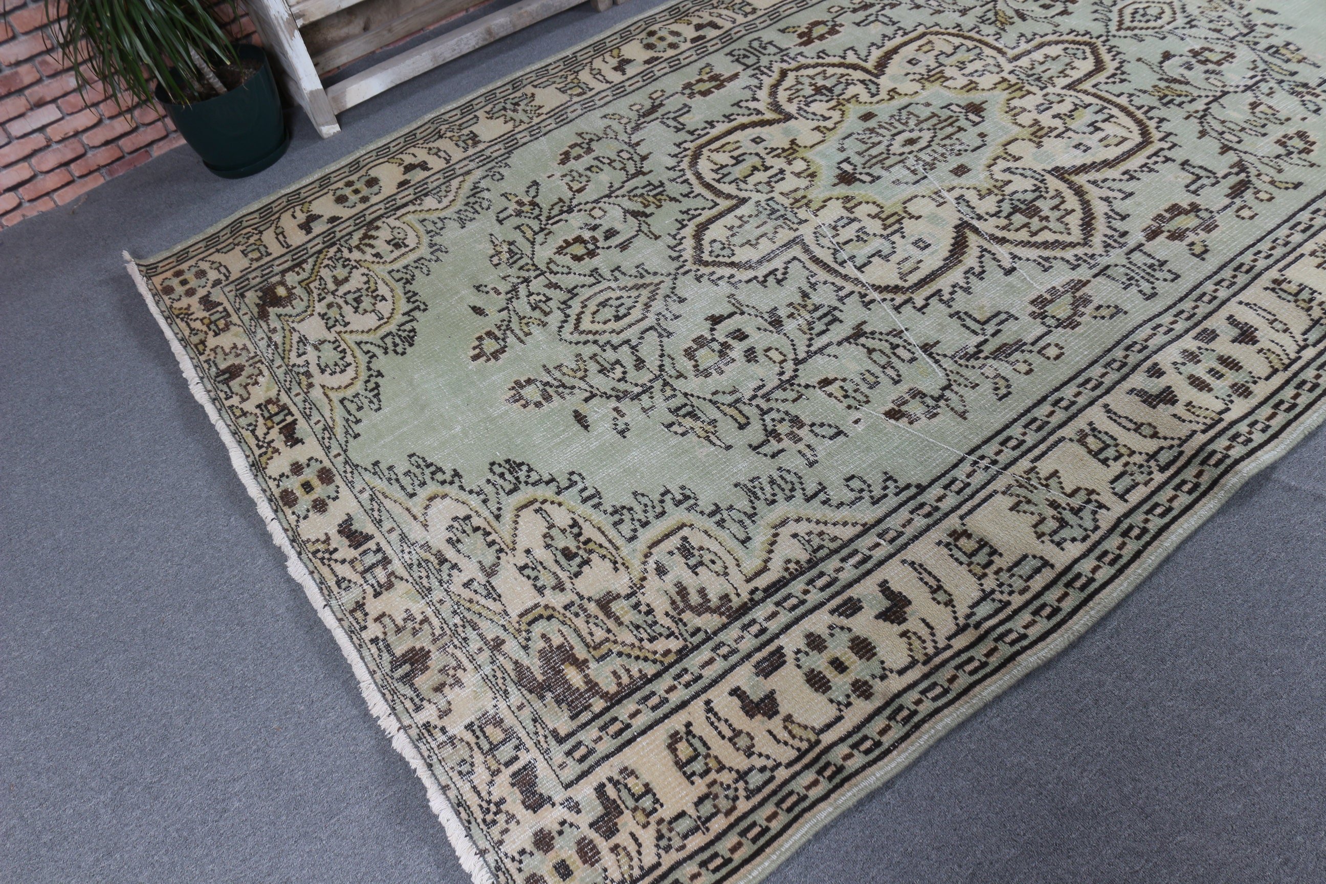 Türk Halıları, Oushak Halıları, Yatak Odası Halısı, 5.8x9 ft Büyük Halılar, El Dokuma Halıları, Oturma Odası Halısı, Yeşil Düz Dokuma Halı, Yün Halı, Vintage Halı