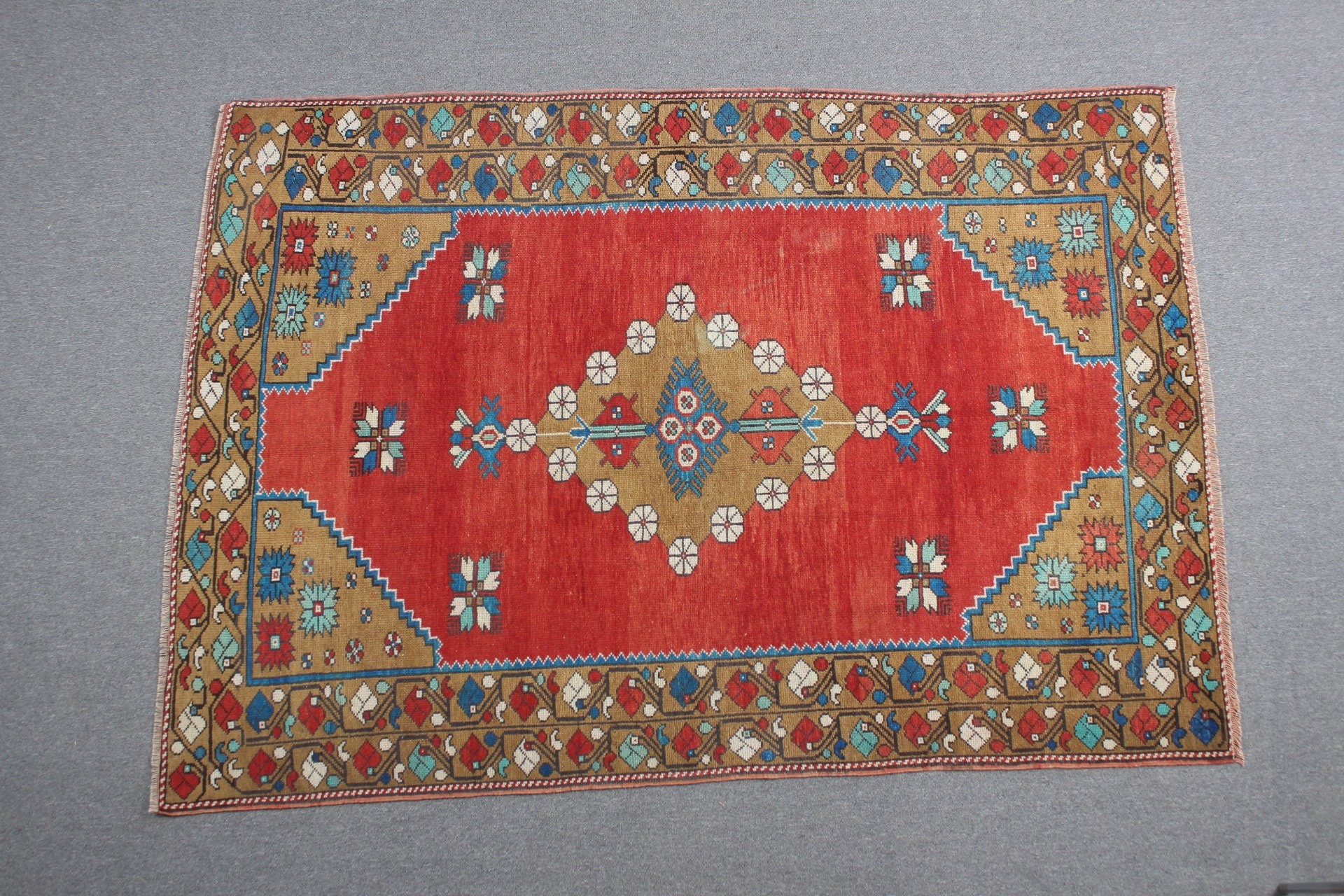 Yatak Odası Halıları, 5.1x7.2 ft Alan Halısı, Vintage Halılar, Antika Halı, Kırmızı Yer Halısı, Eskitilmiş Halı, Mutfak Halıları, Türk Halısı