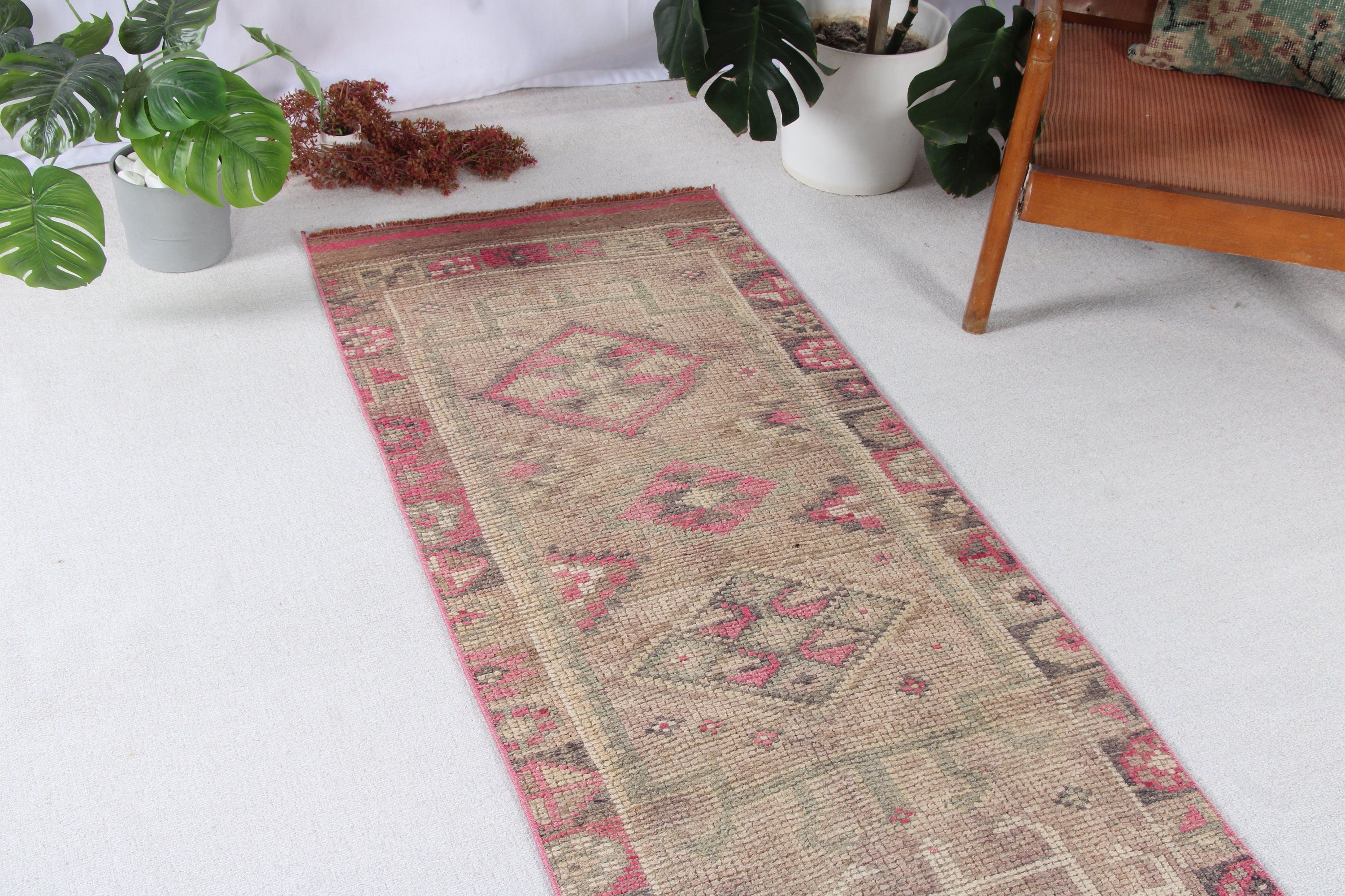 Vintage Halı, Etnik Halı, Türk Halıları, 2.3x12.5 ft Runner Halısı, Beni Ourain Runner Halıları, Kahverengi Oushak Halıları, Havalı Halı, Geometrik Halılar