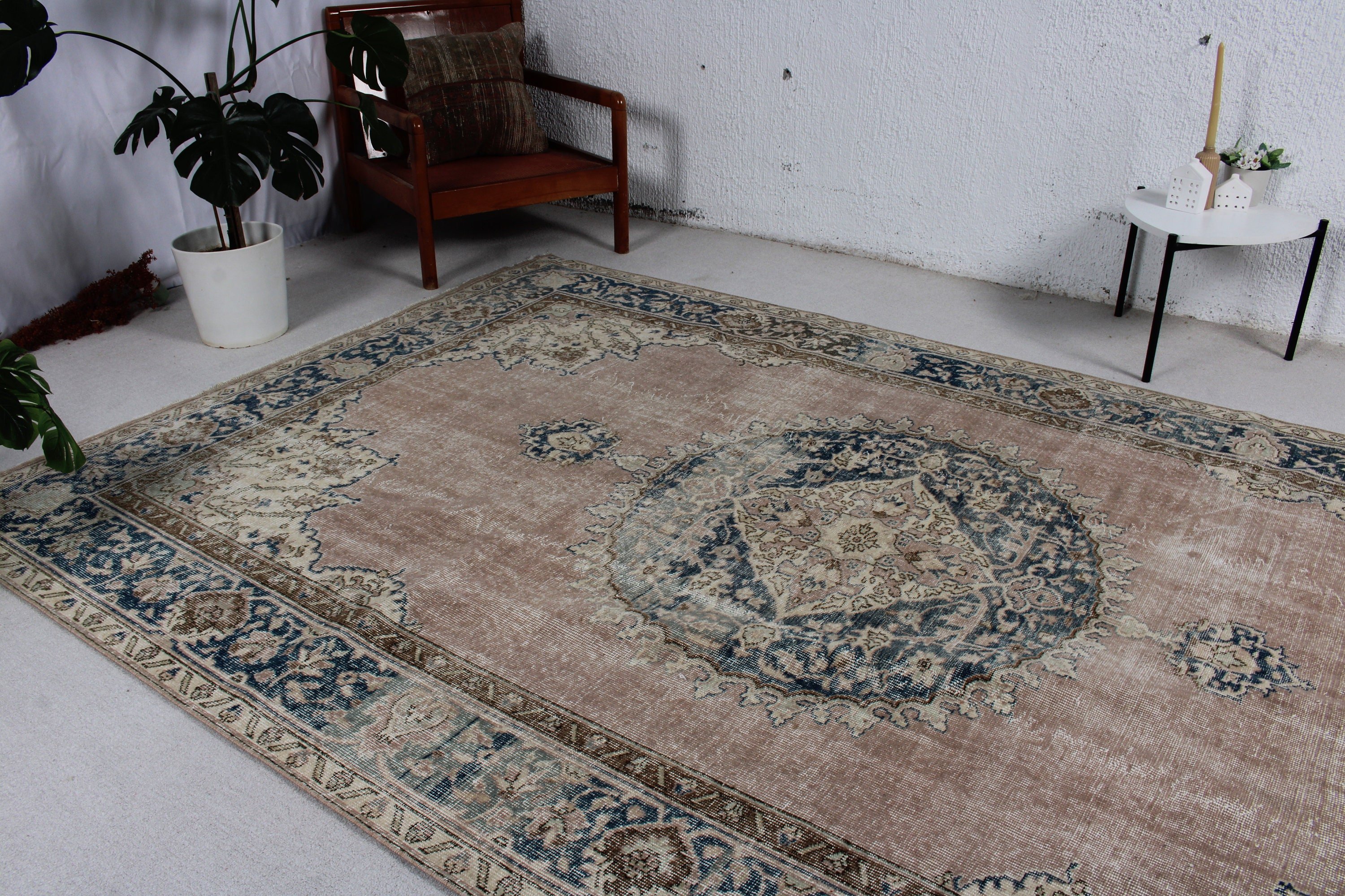 Havalı Halılar, Mavi Antika Halılar, Boho Halı, 6,5x9,9 ft Büyük Halı, Yatak Odası Halısı, Büyük Oushak Halıları, Vintage Halı, Türk Halısı, Oryantal Halı