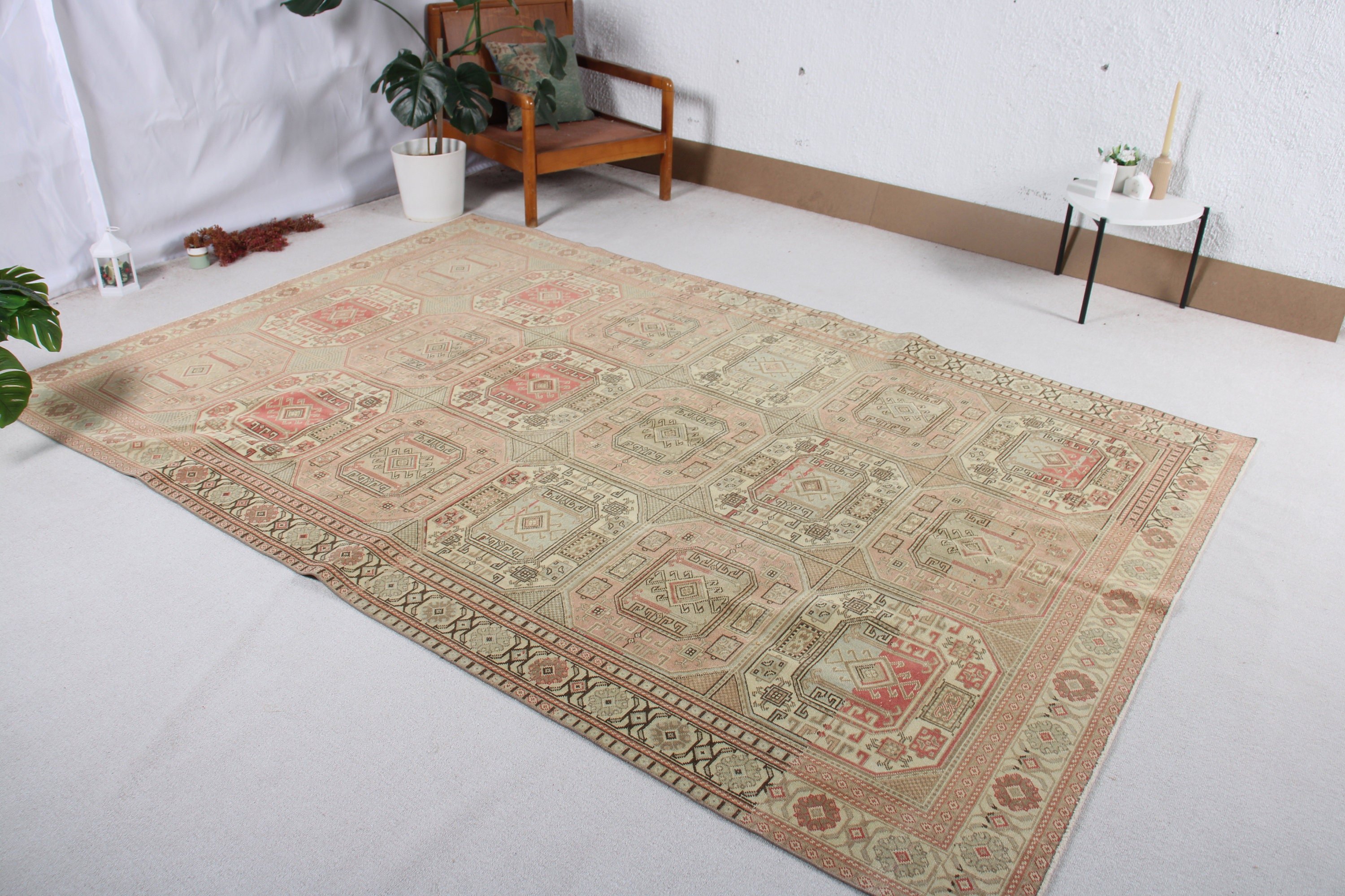 Vintage Halı, 6.2x9.5 ft Büyük Halılar, Pembe Yer Halıları, Yatak Odası Halısı, Büyük Yün Halı Halıları, Yer Halıları, Türk Halısı, Yün Halıları, Büyük Oushak Halısı