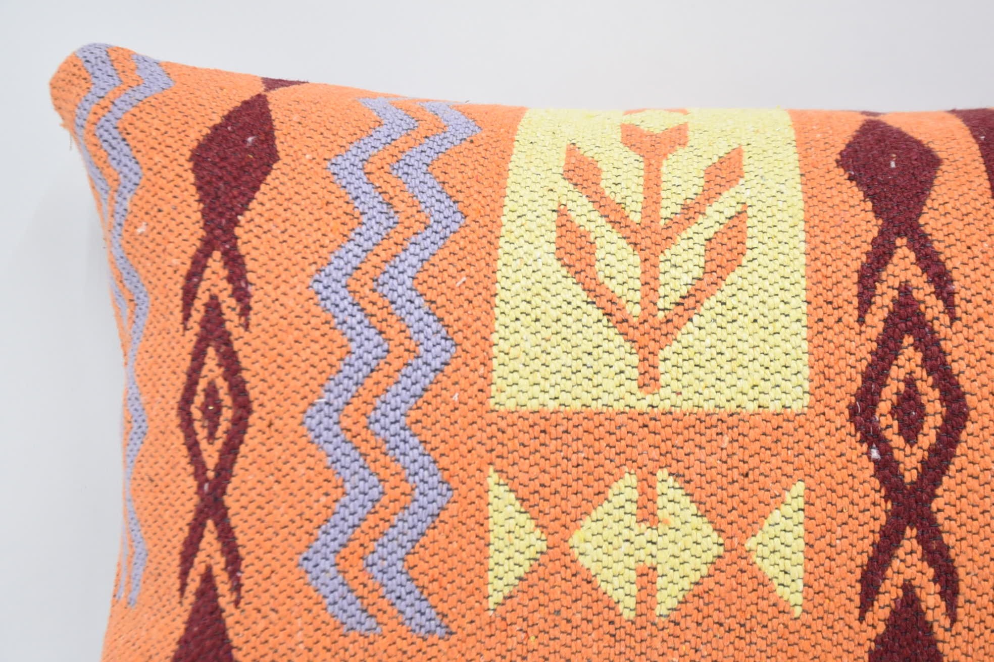 Colorful Pillow Case, Ethnical Kilim Rug Pillow, 16"x24" Orange Pillow Sham, Bench Pillow Cover, Vintage Kilim Pillow, Throw Kilim Pillow