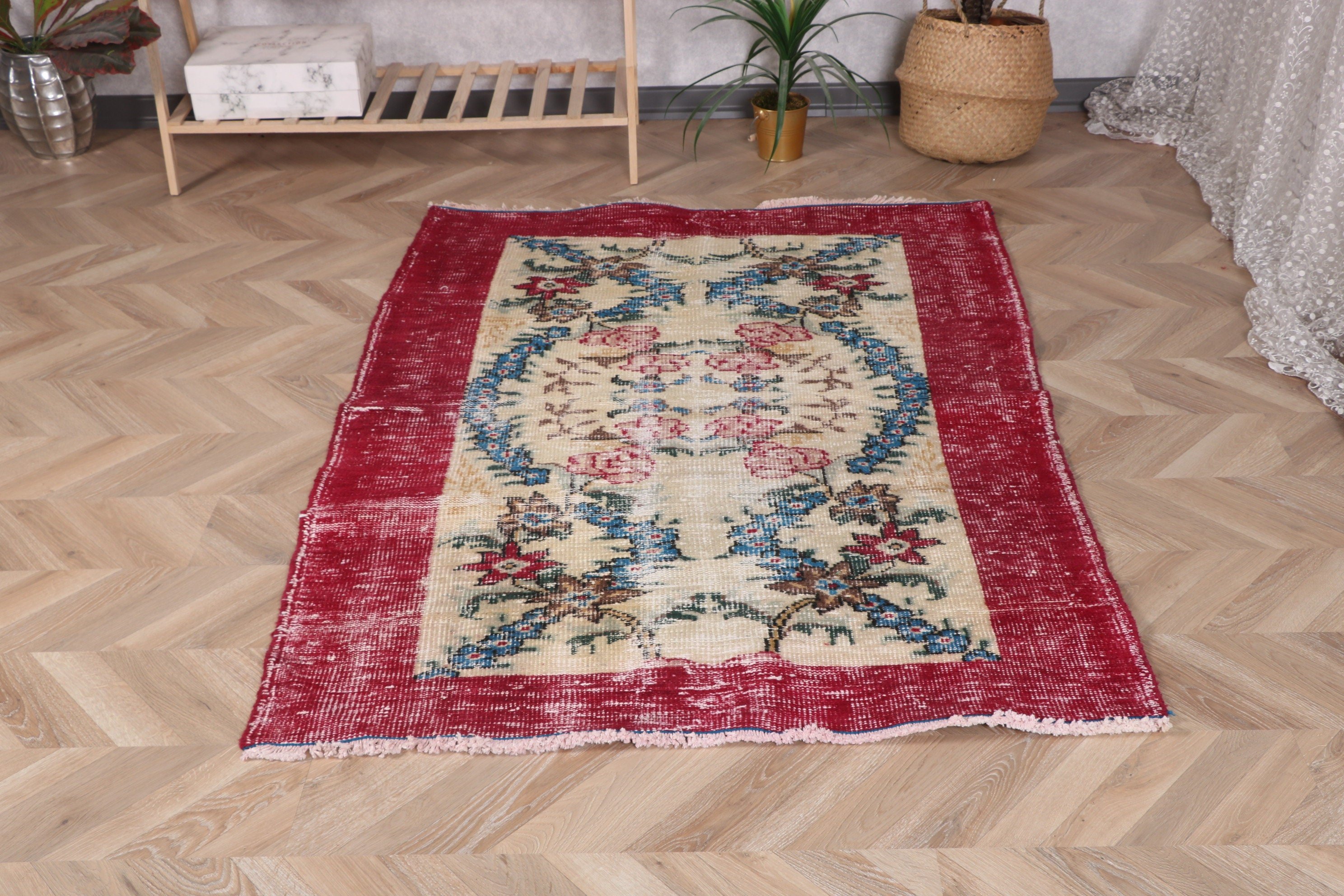 Boho Halı, Türk Halıları, Vintage Vurgulu Halılar, Estetik Halı, 3,8x5,2 ft Vurgulu Halı, Havalı Halı, Vintage Halı, Düz Dokuma Halı, Kırmızı Düz ​​Dokuma Halılar