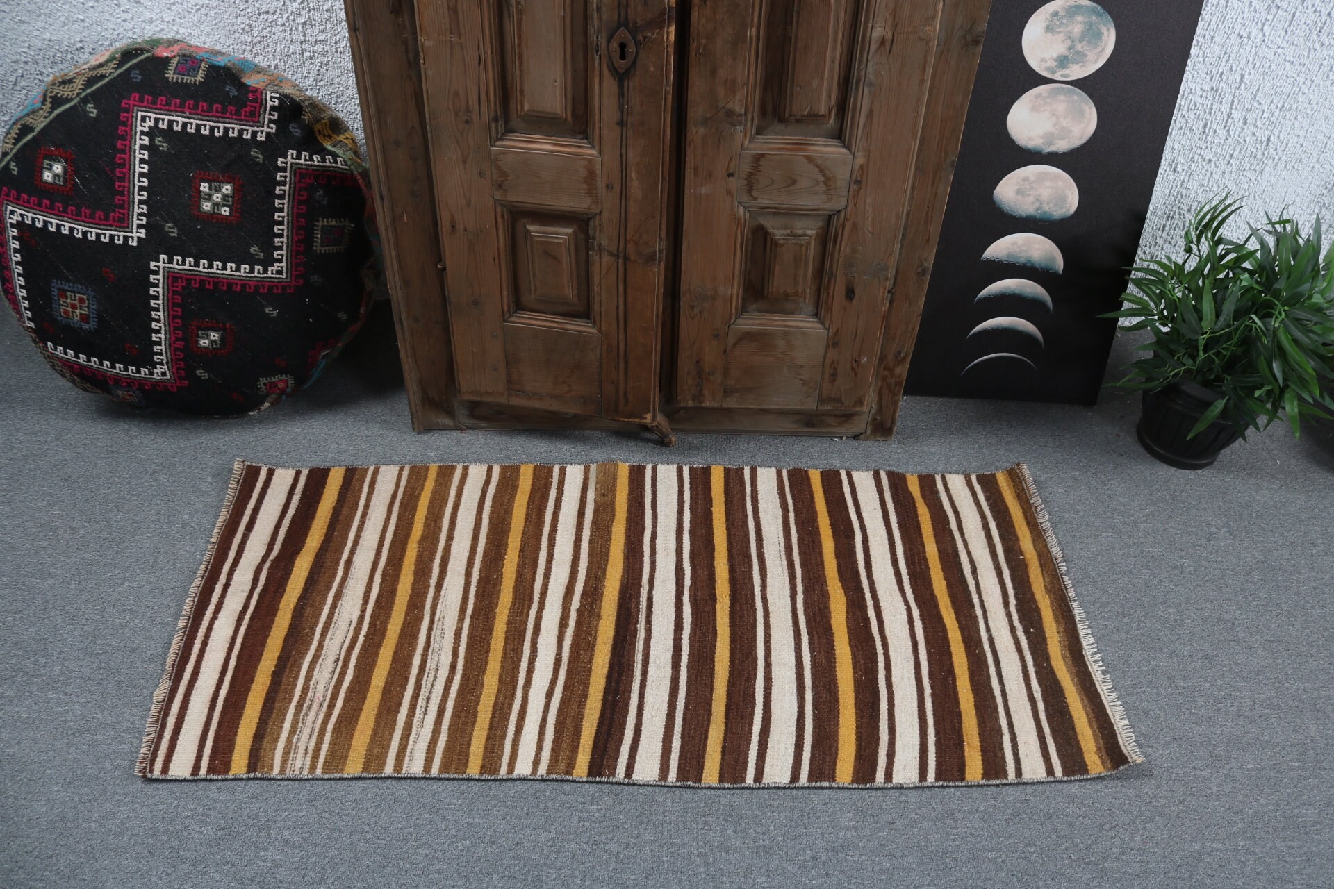 Etnik Halı, 2x4.4 ft Küçük Halı, Türk Halıları, Paspas Halıları, Mutfak Halısı, Kahverengi Nötr Halı, Vintage Halılar, Modern Halı, Kilim