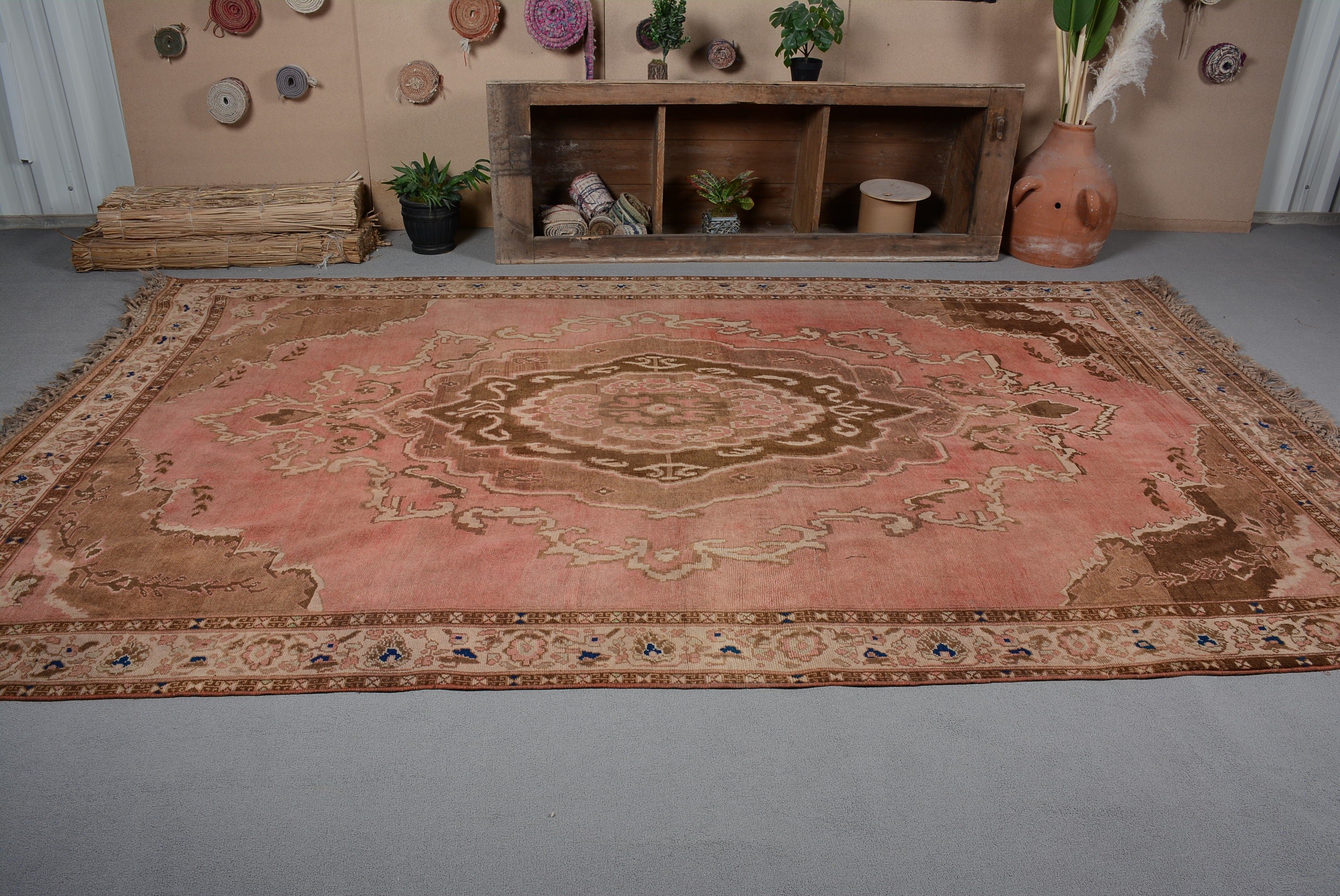 Living Room Rug, Kitchen Rug, Pink Bedroom Rug, Vintage Rugs, Rugs for Saloon, Turkish Rug, 6.6x11 ft Oversize Rug, Oushak Rugs, Salon Rug