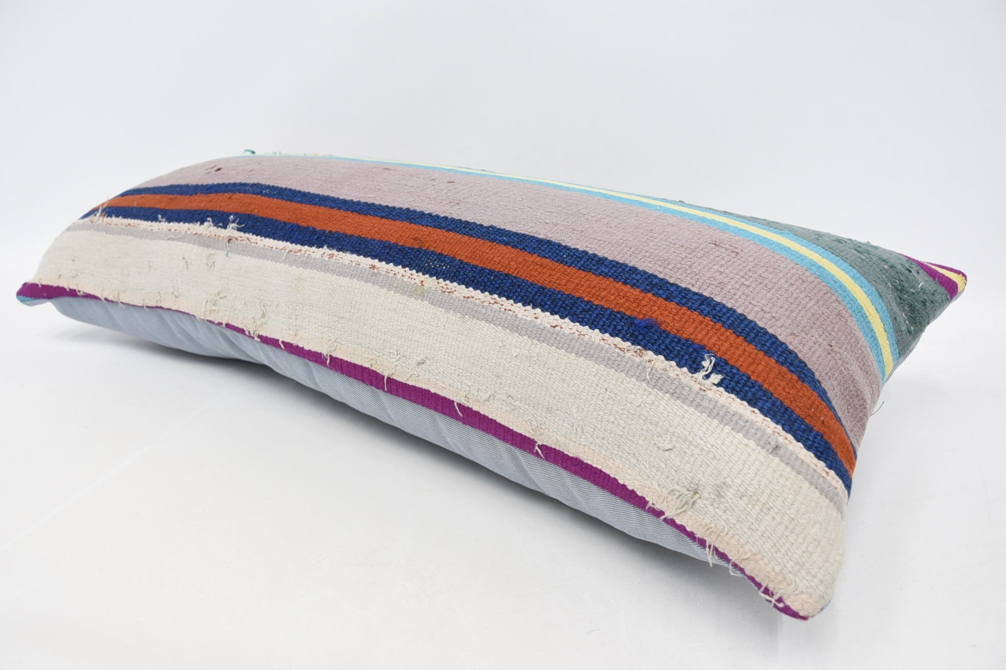 Crochet Pattern Pillow, Boho Pillow, Kilim Pillow, 16"x36" Blue Pillow Cover, Handmade Kilim Cushion, Muted Pillow Sham