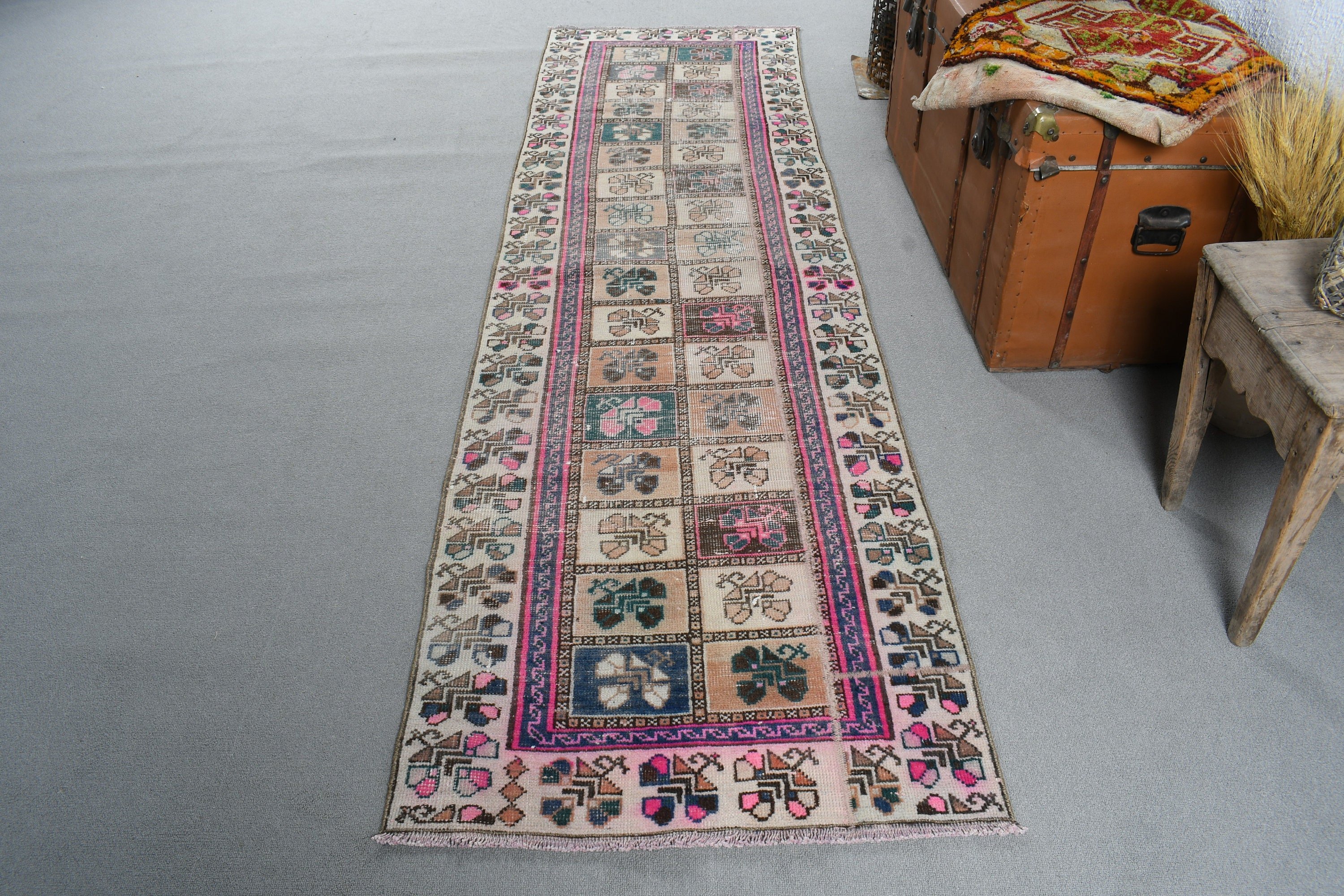 Lüks Halı, Mutfak Halısı, Oushak Halısı, Soğuk Halı, Bej 2,5x8,7 ft Runner Halısı, Vintage Runner Halıları, Vintage Halı, Türk Halısı