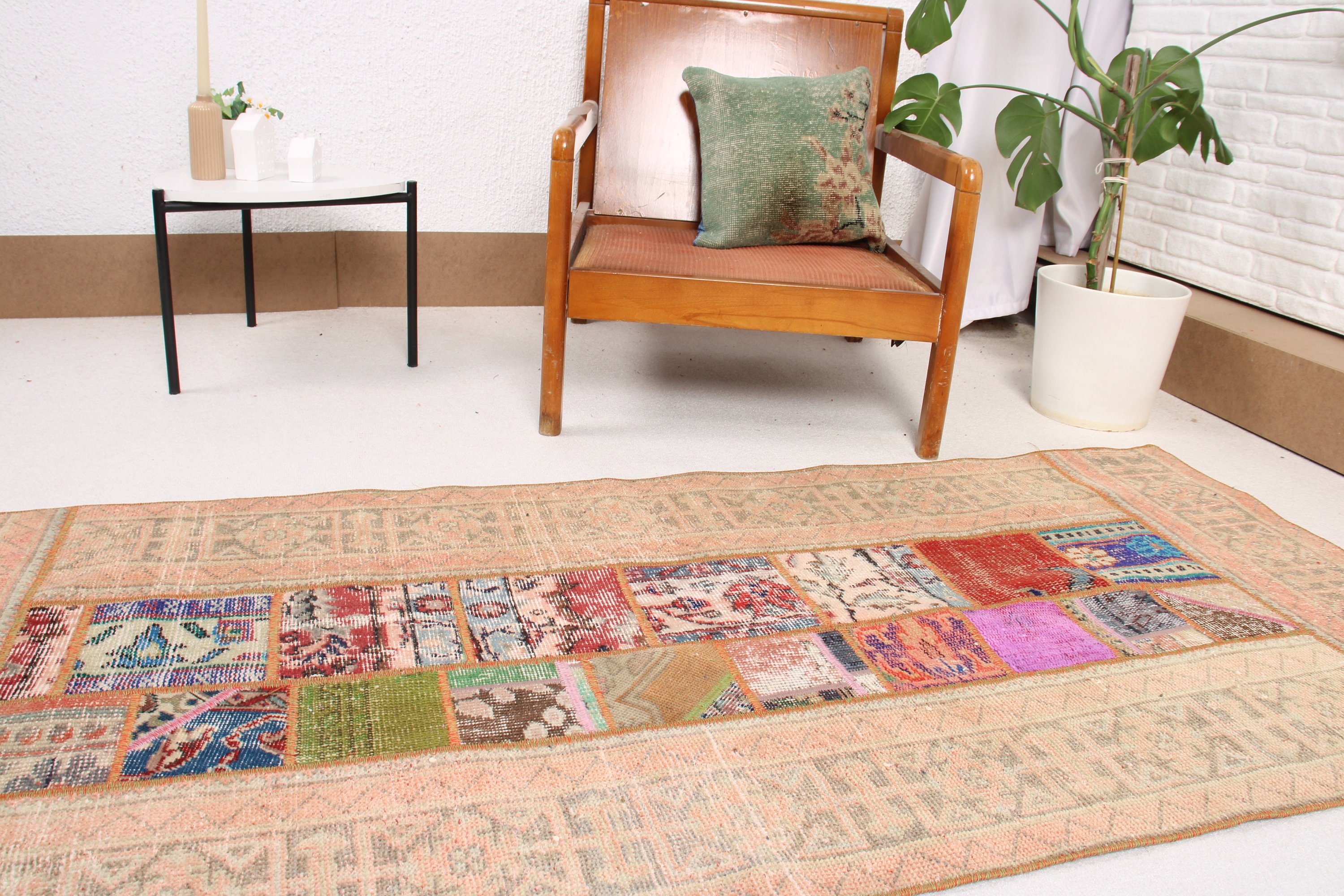 Türk Halıları, Lüks Halılar, Yün Halı, Düz Dokuma Halı, Vintage Halılar, Vintage Vurgulu Halı, 2,9x6,6 ft Accent Halı, Yatak Odası Halıları, Pembe Yün Halılar