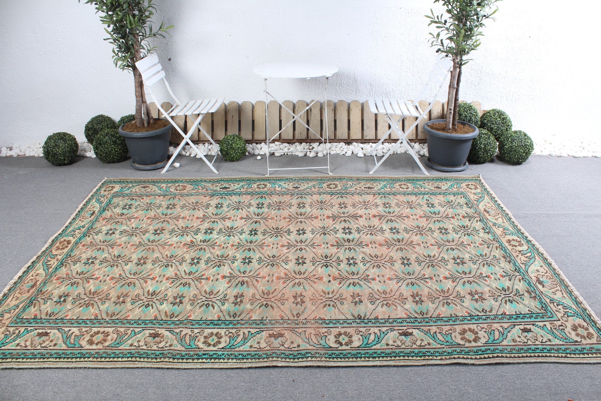 Yemek Odası Halıları, Türk Halıları, Oushak Halıları, Yeşil Oryantal Halı, Oturma Odası Halısı, 6.1x8.9 ft Büyük Halı, Vintage Halılar, Yatak Odası Halısı, Eski Halılar