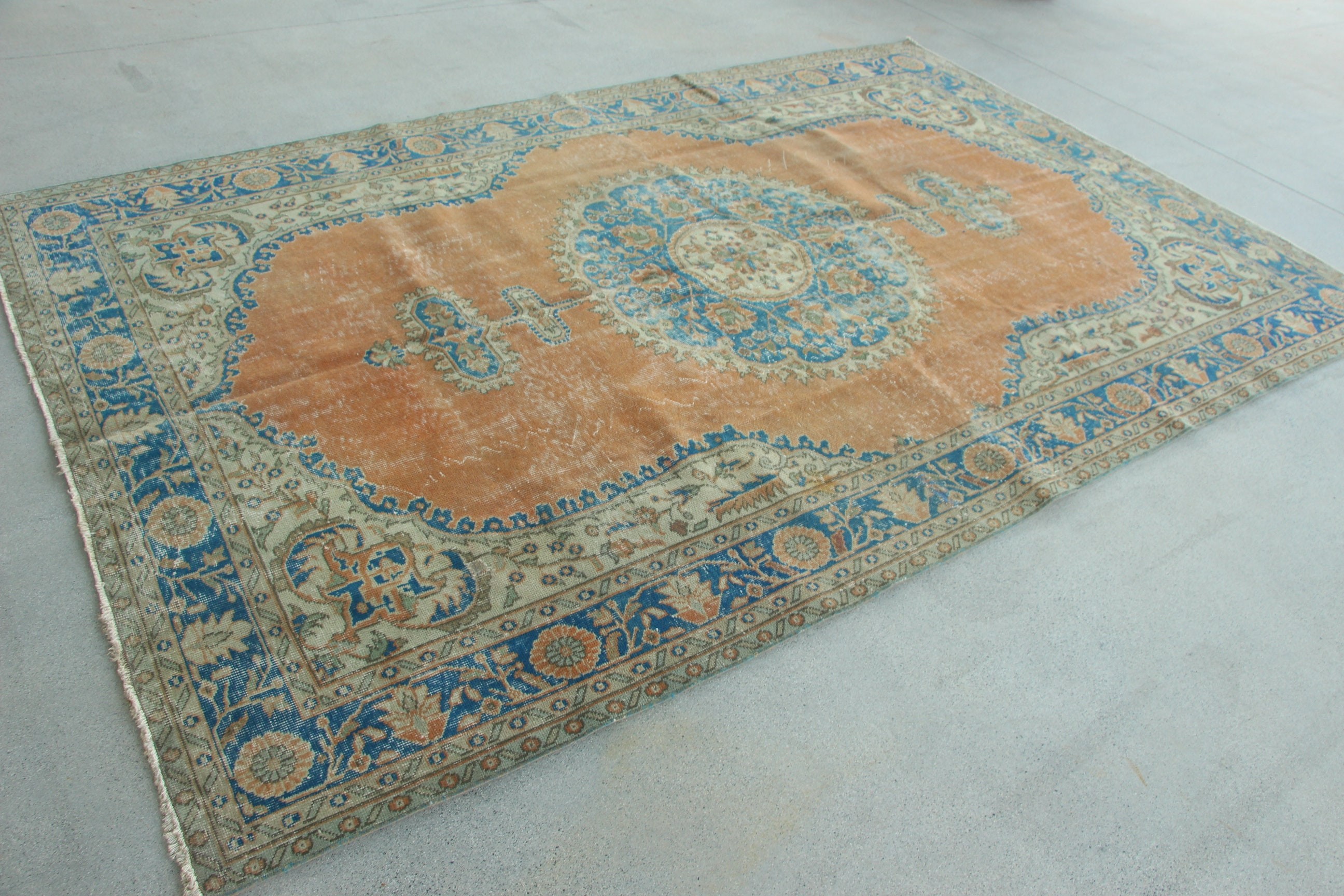 Mavi Oushak Halıları, Türk Halısı, Vintage Halı, Yemek Odası Halıları, 6.6x10.1 ft Büyük Halılar, Anadolu Halısı, Büyük Vintage Halılar, Modern Halılar