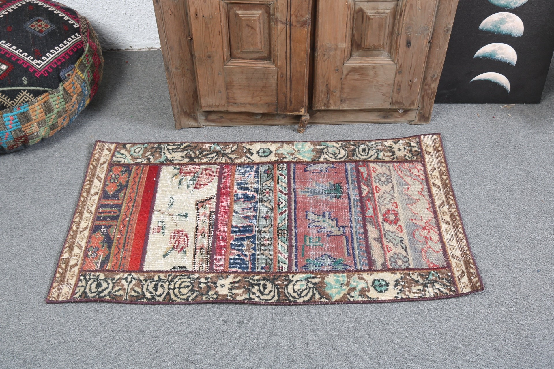 Brown Kitchen Rugs, Moroccan Rug, Vintage Rugs, 1.9x3.7 ft Small Rug, Wall Hanging Rug, Geometric Rug, Small Area Rug, Turkish Rugs