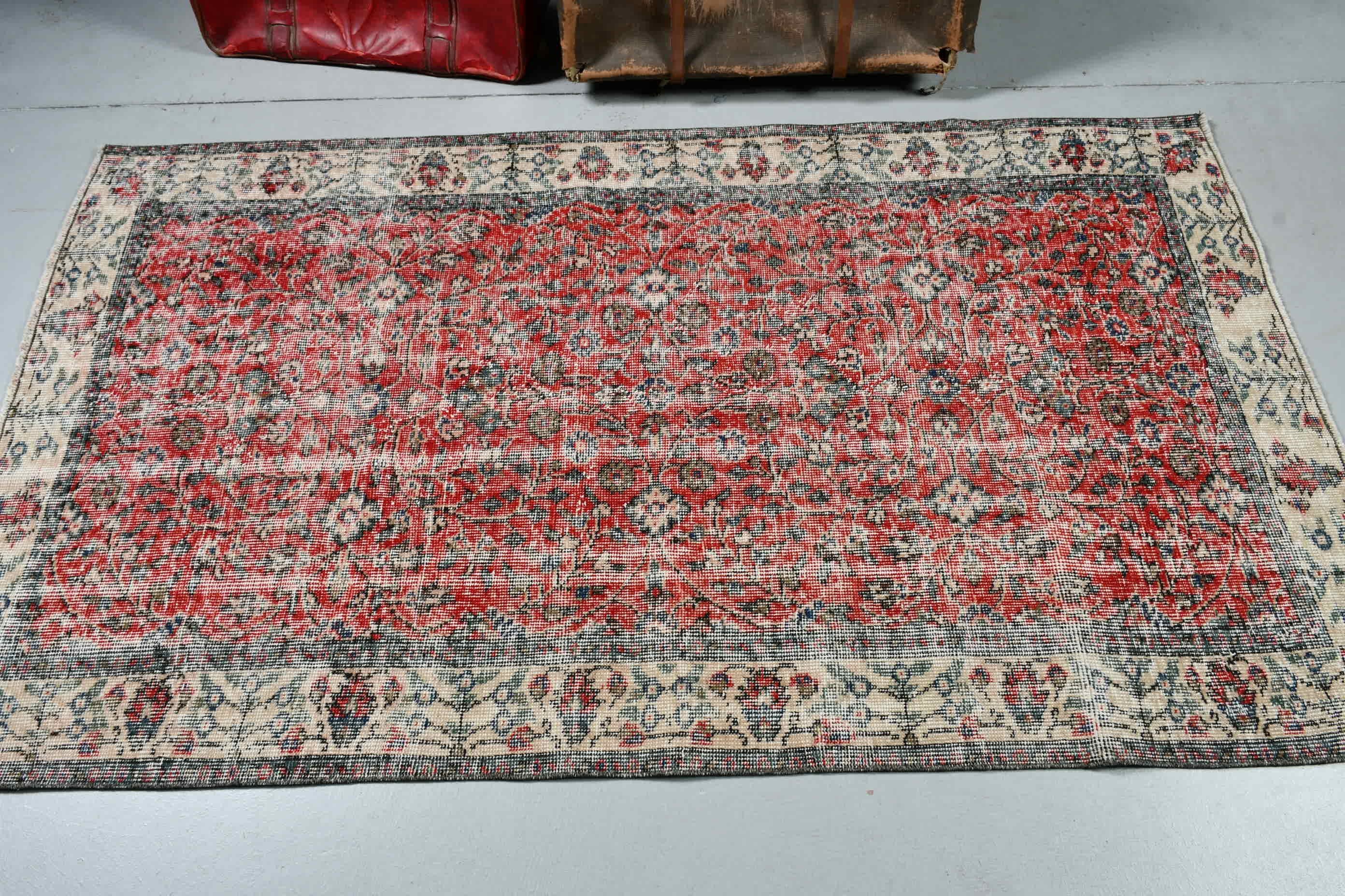 Bedroom Rugs, Red Wool Rug, Turkish Rug, Oushak Rug, Antique Rug, Kitchen Rug, 3.7x6.4 ft Accent Rugs, Vintage Rug, Rugs for Bedroom