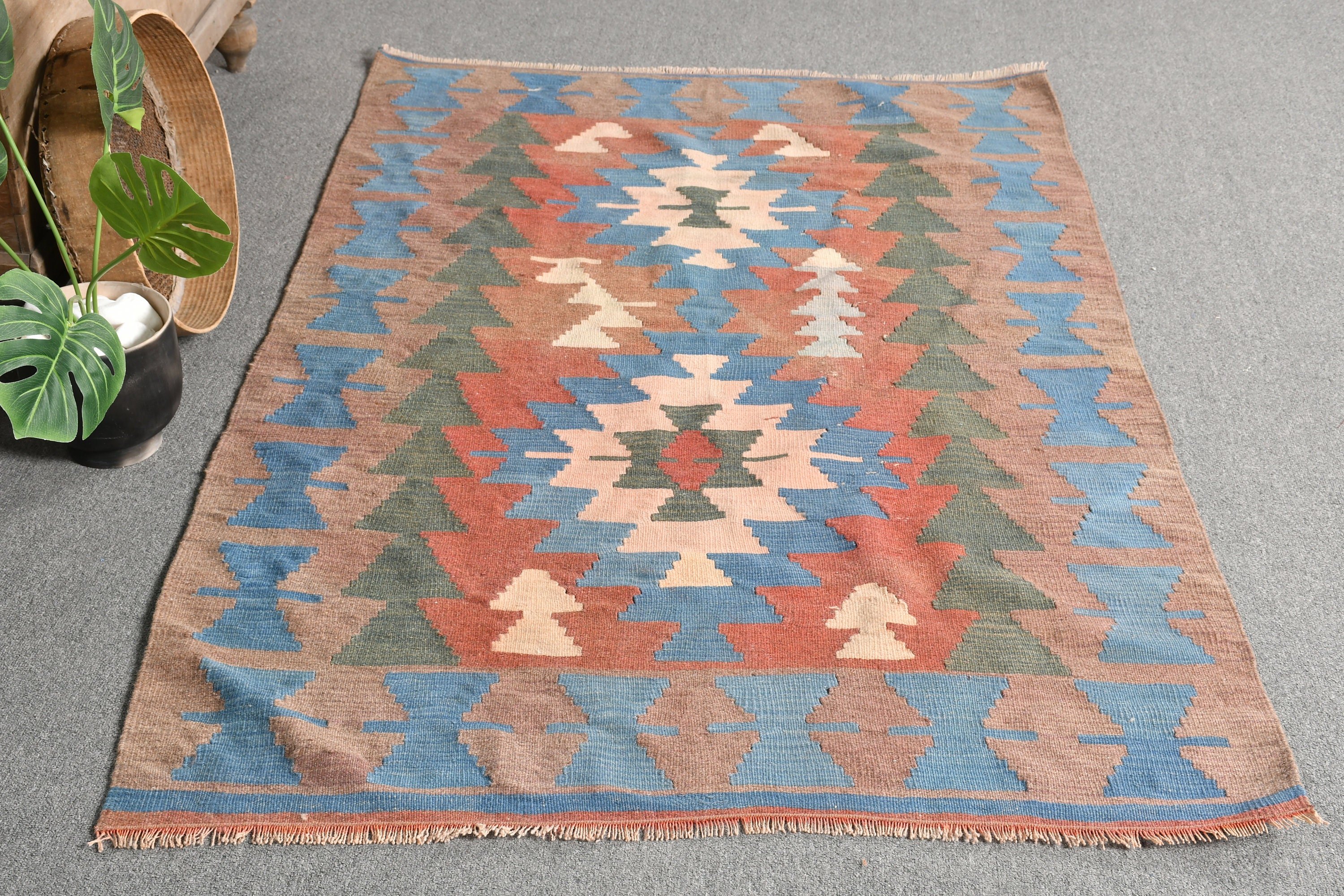 Natural Rug, Vintage Rug, Kitchen Rug, Floor Rug, 3.6x5.6 ft Accent Rug, Kilim, Entry Rug, Turkish Rug, Blue Home Decor Rugs, Moroccan Rug