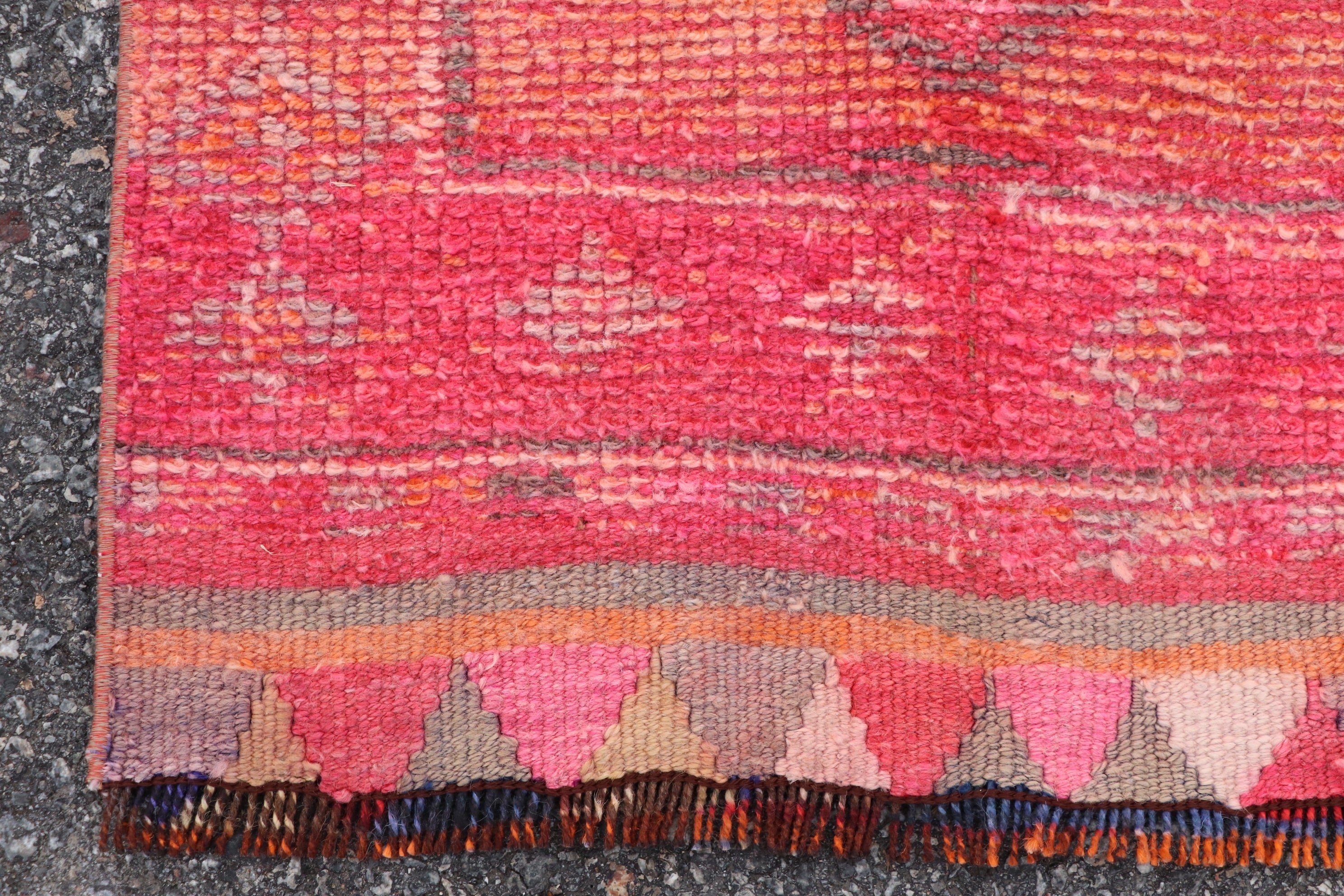 Vintage Rug, Antique Rug, Pink Oriental Rugs, 2.4x12.6 ft Runner Rugs, Stair Rug, Rugs for Kitchen, Corridor Rug, Wool Rug, Turkish Rug