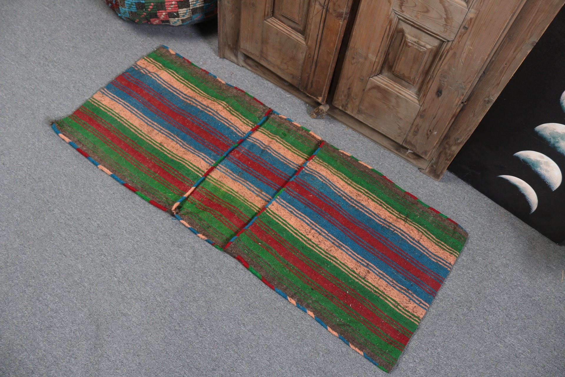 1.6x4 ft Küçük Halılar, Yeşil Düz Dokuma Halı, Türk Halıları, Kilim, Yatak Odası Halıları, Antika Halı, Geometrik Halılar, Vintage Halı, Paspas Halıları