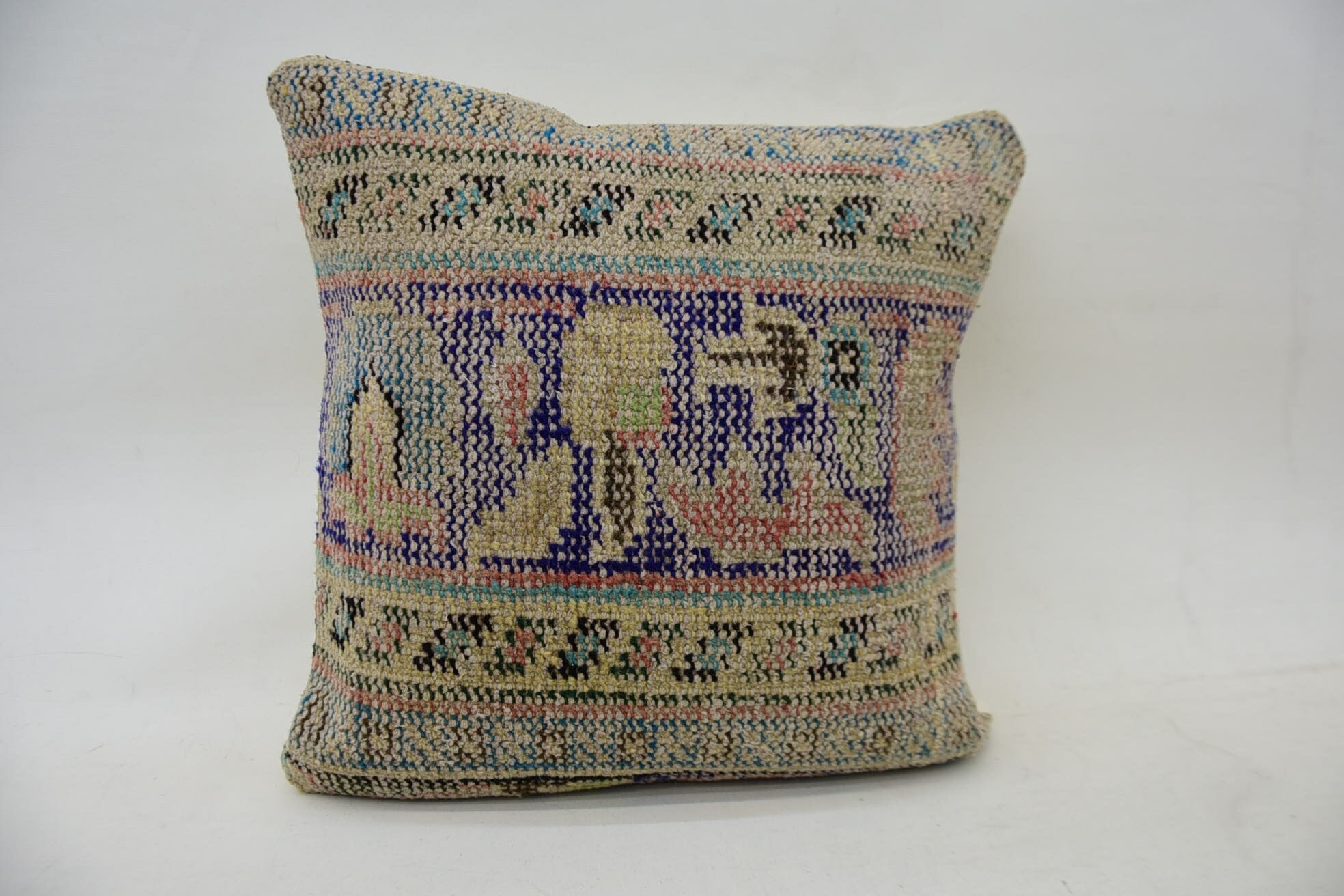 Boho Pillow Sham Cover, Turkish Kilim Pillow, Turkish Pillow, 18"x18" Blue Cushion Case, Southwestern Pillow Cover