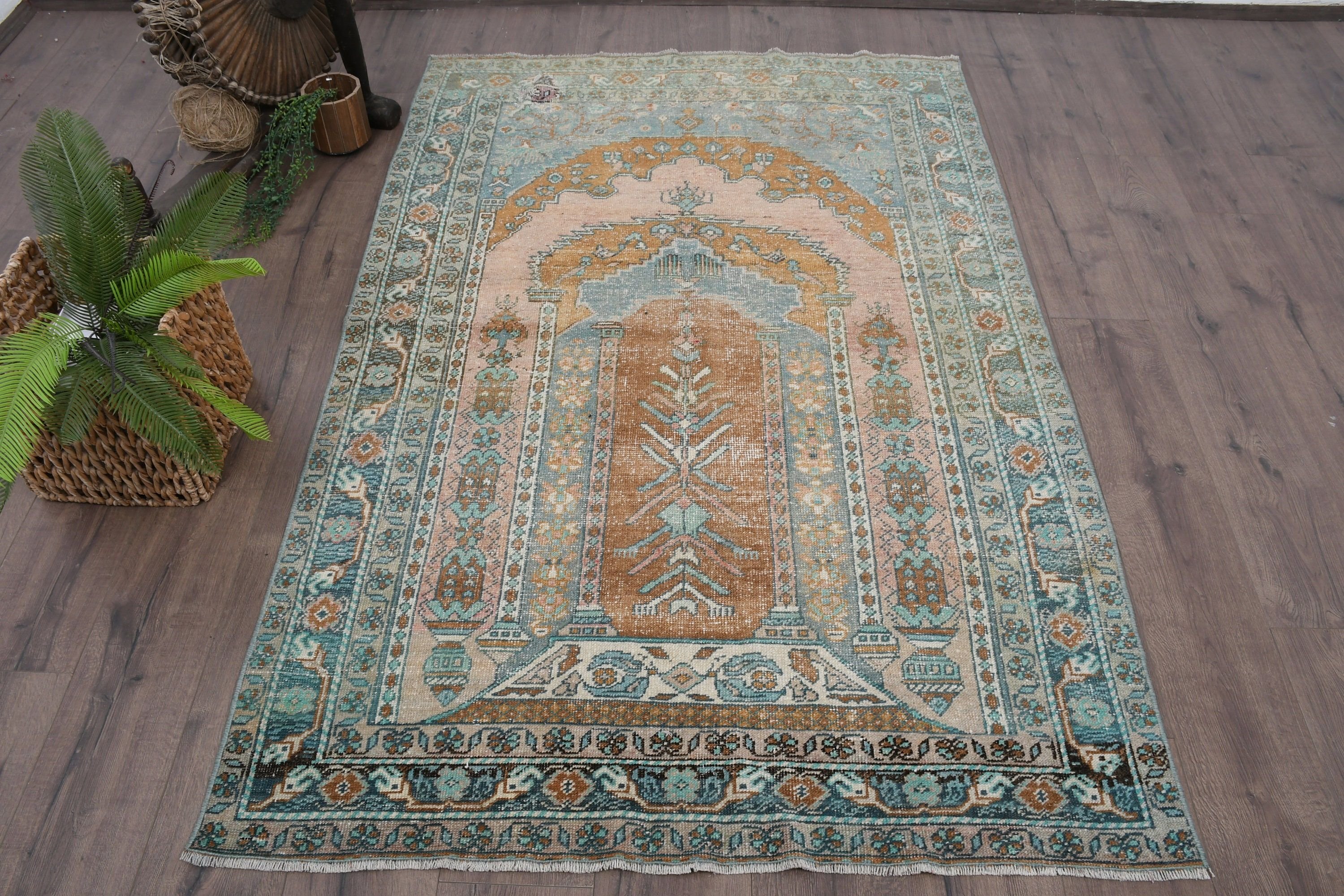 Rugs for Dining Room, Vintage Rug, 4.2x6.4 ft Area Rugs, Oriental Rug, Kitchen Rug, Turkish Rug, Green Oriental Rugs, Home Decor Rug