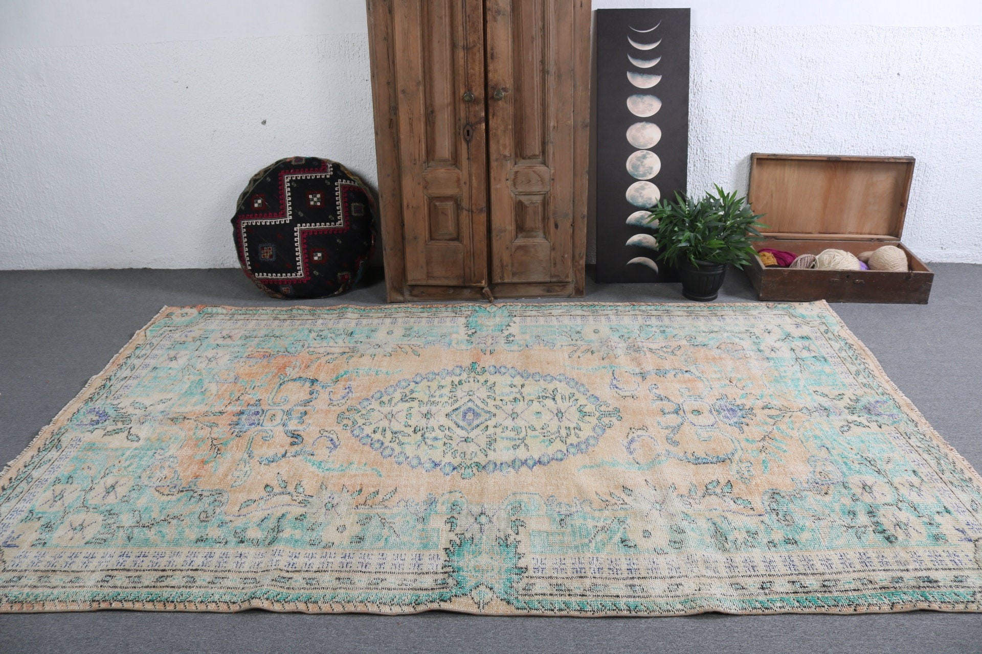 El Dokuma Halı, Anadolu Halısı, Turuncu Fas Halısı, Vintage Halı, Aztek Halısı, Türk Halısı, Salon Halıları, 6.1x9.4 ft Büyük Halılar, Büyük Oushak Halısı