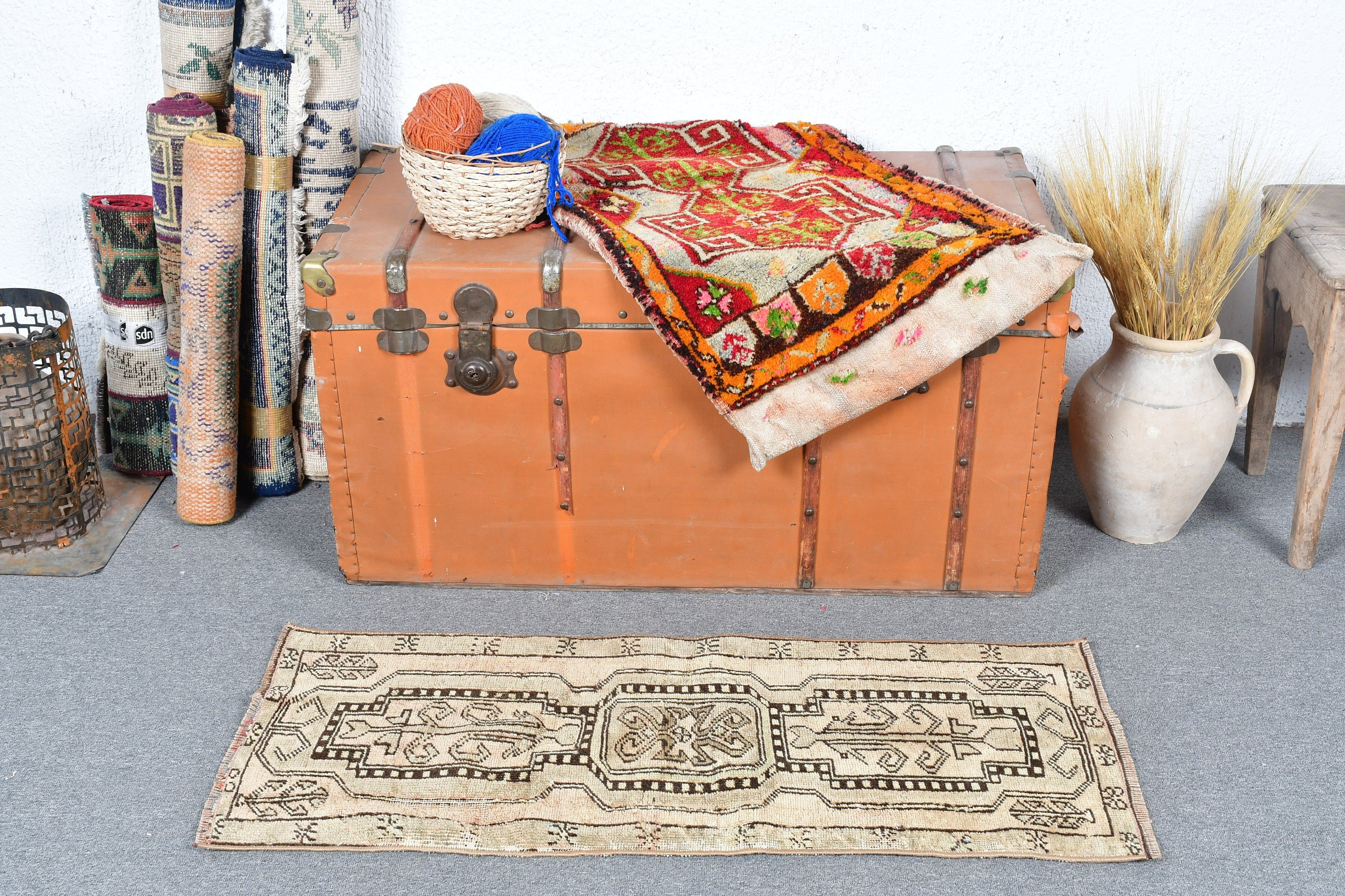 Bathroom Rugs, Home Decor Rugs, Oushak Rug, Brown Anatolian Rug, 1.4x3.5 ft Small Rug, Vintage Rug, Nursery Rug, Turkish Rug, Dorm Rug