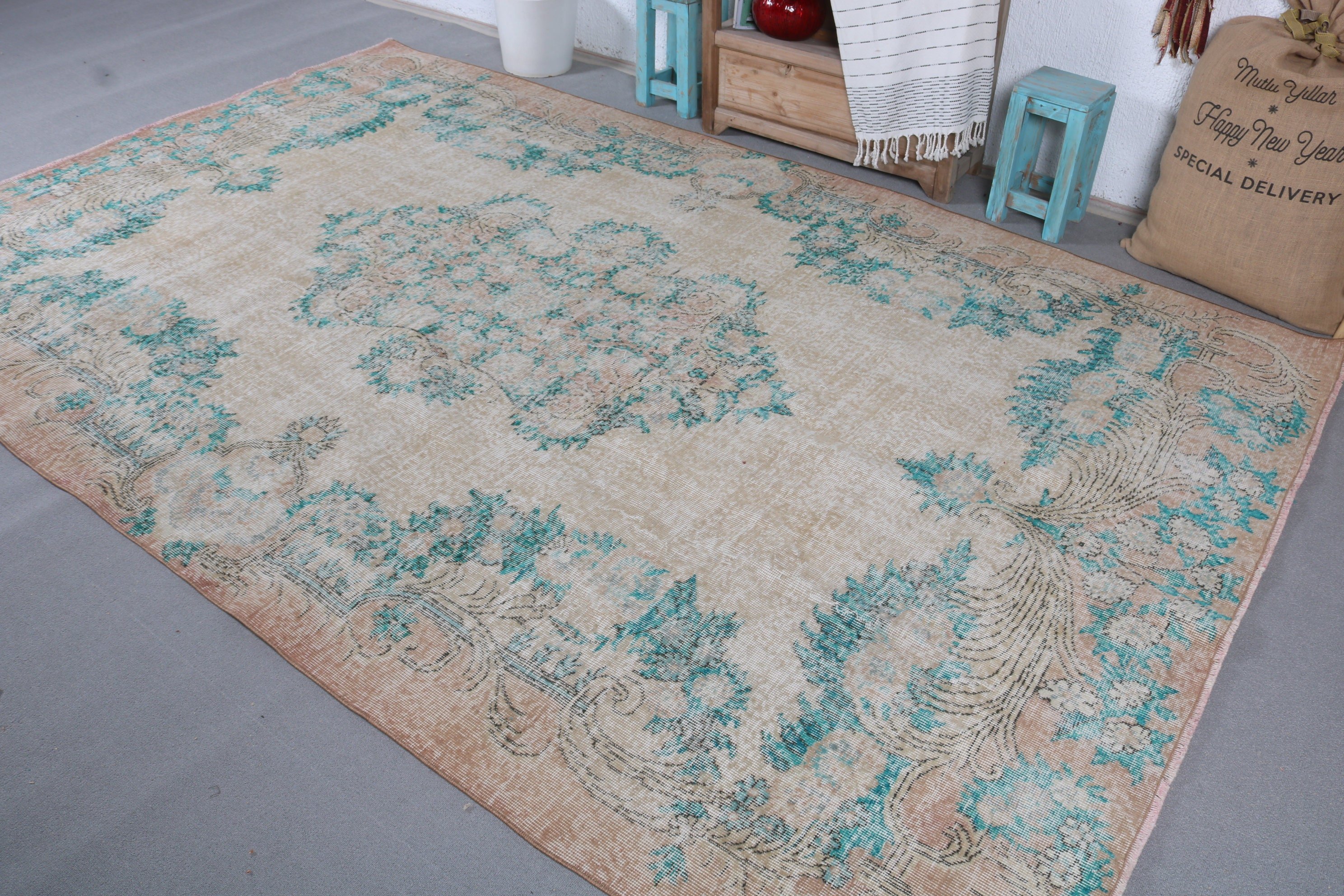 Salon Rugs, Green Home Decor Rug, Turkish Rugs, Vintage Rug, 6.7x10.5 ft Oversize Rug, Dining Room Rug, Old Rug, Antique Rug