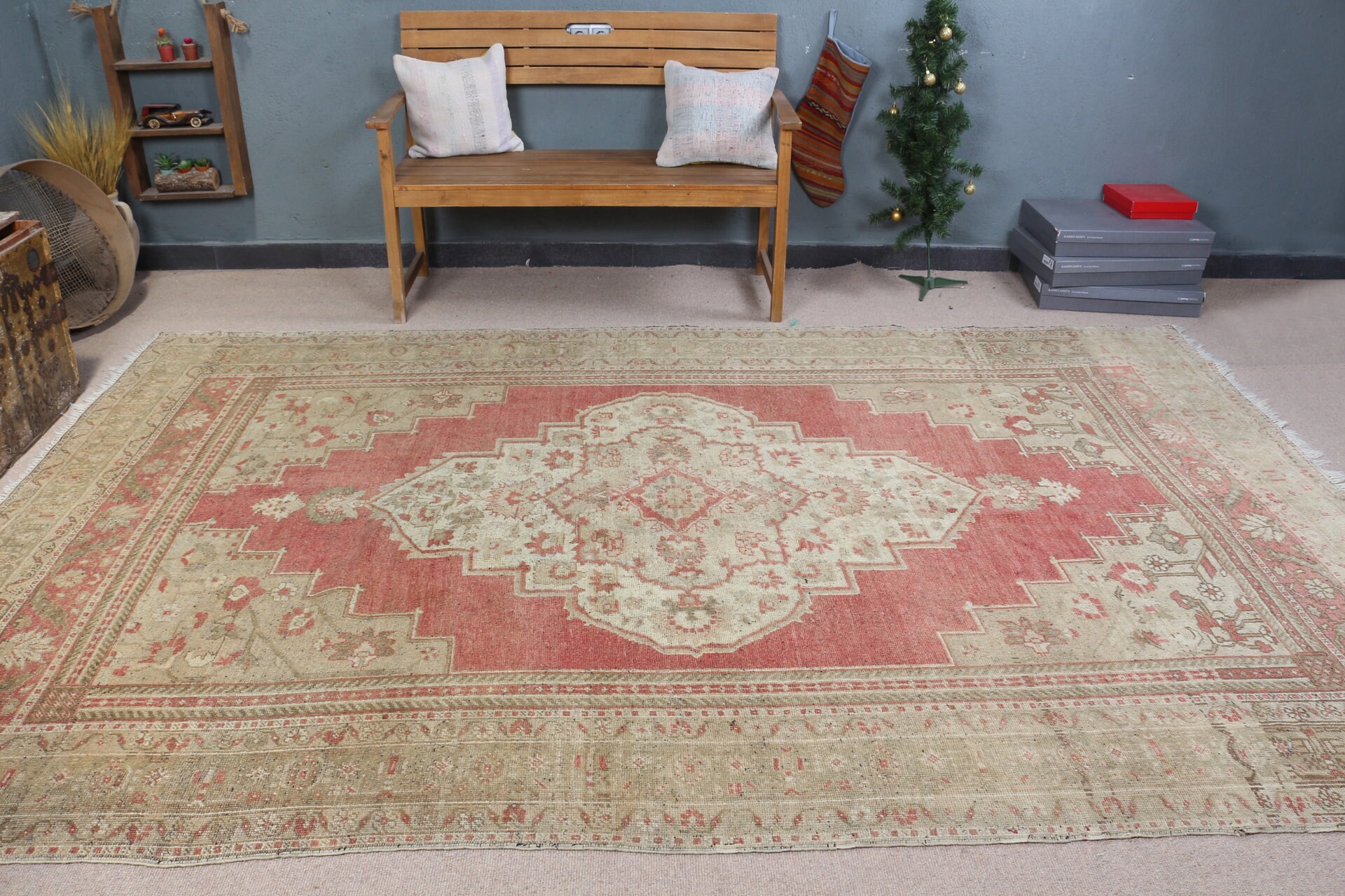 Vintage Rug, Dining Room Rugs, Cool Rug, 6.9x10.7 ft Oversize Rugs, Saloon Rugs, Red Moroccan Rugs, Turkish Rug, Boho Rugs, Home Decor Rug