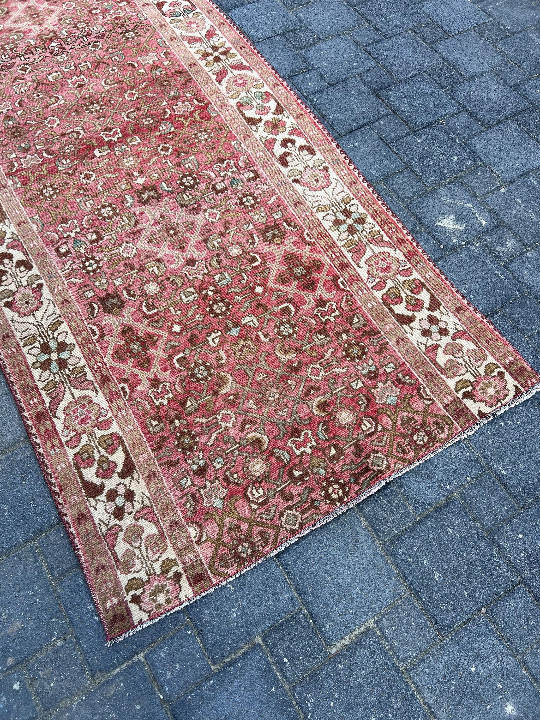 Pink Wool Rug, Bohemian Rug, Rugs for Kitchen, Corridor Rugs, Kitchen Rug, 3.7x10.6 ft Runner Rug, Vintage Rugs, Turkish Rug