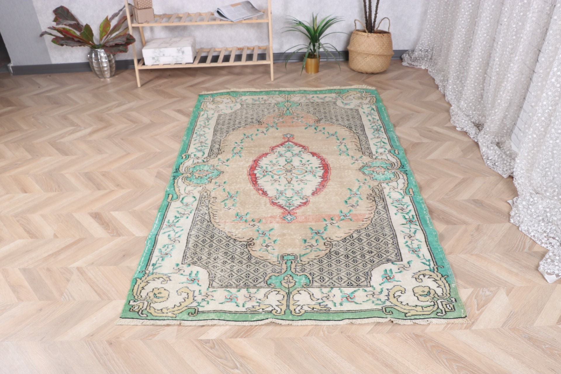 Floor Rug, Vintage Rug, Green Statement Rug, Organic Rugs, Geometric Rugs, Antique Rugs, 4.1x6.8 ft Area Rugs, Rugs for Floor, Turkish Rugs