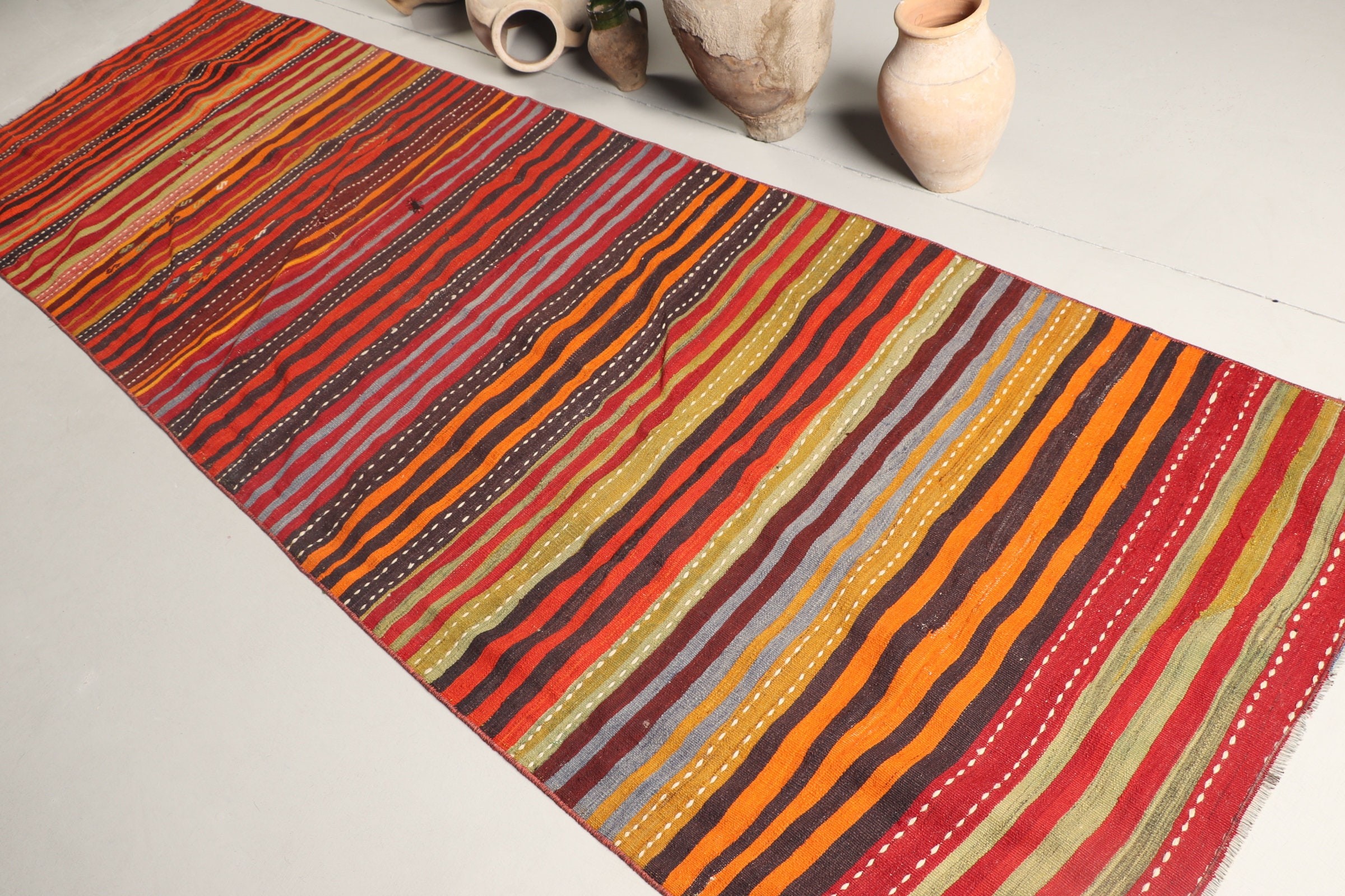 Kilim, Yeşil Yün Halı, Vintage Halı, Yün Halılar, Türkiye Halısı, Oryantal Halı, Koridor Halısı, Türk Halısı, 3.6x11.4 ft Koşucu Halısı, Merdiven Halıları