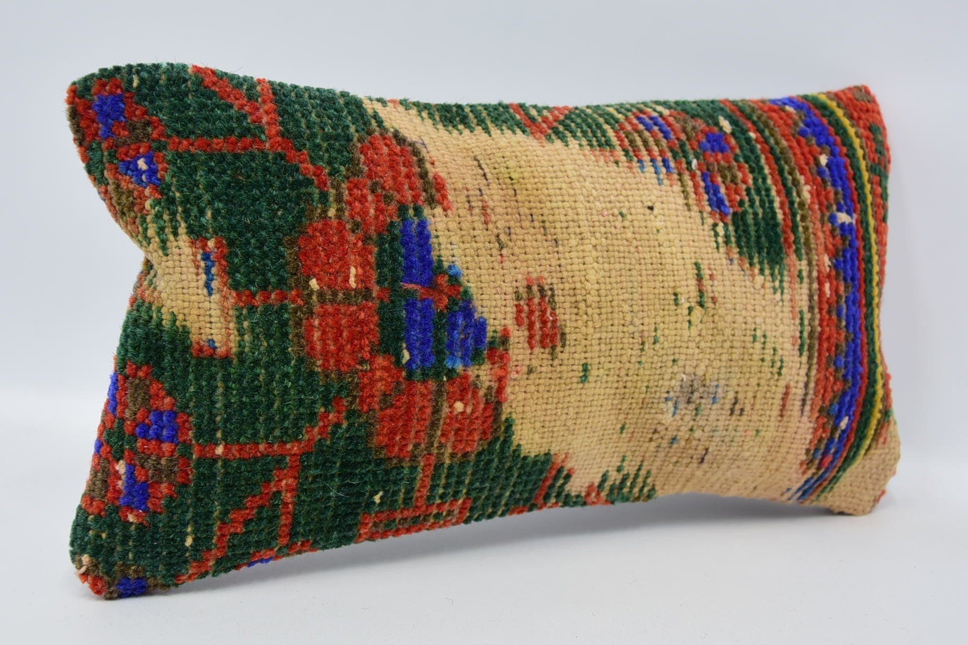 Bolster Kırlent Kılıfı, Ev Dekor Yastık, 8"x16" Yeşil Yastık, Kilim Minder Sham, Boho Yastık, Türk Halıları Yastık Kılıfı