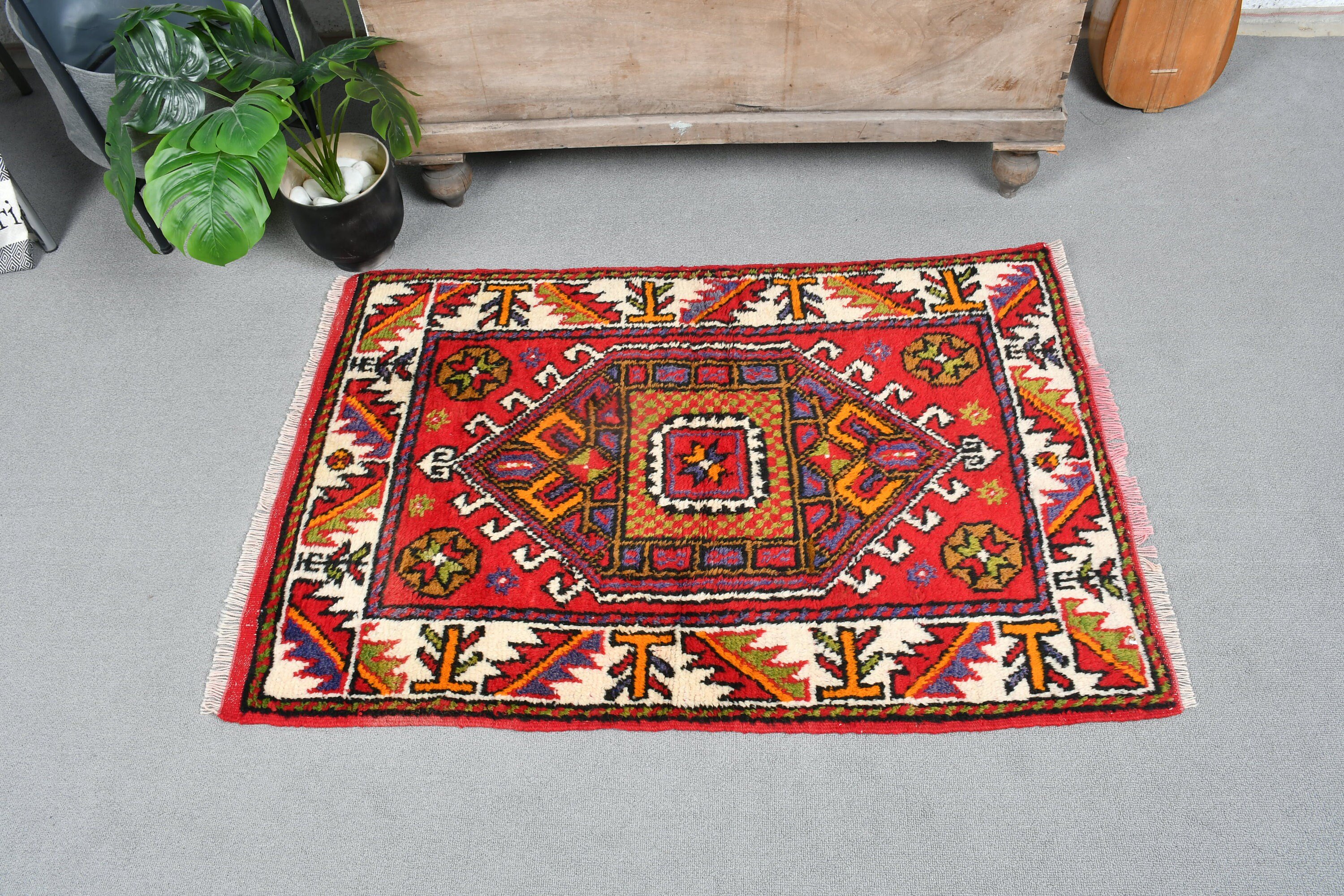 Antique Rug, Vintage Rug, Turkish Rug, Wool Bath Mat Rug, Red Kitchen Rugs, Kitchen Rug, Entry Rug, Rugs for Entry, 2.5x3.7 ft Small Rug
