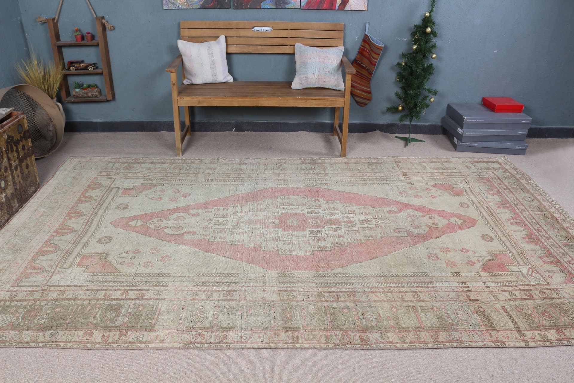 Anadolu Halısı, Bej Ev Dekor Halısı, Yün Halısı, Vintage Halısı, Oturma Odası Halıları, 6.2x10.7 ft Büyük Halısı, Salon Halıları, Boho Halısı, Türk Halıları