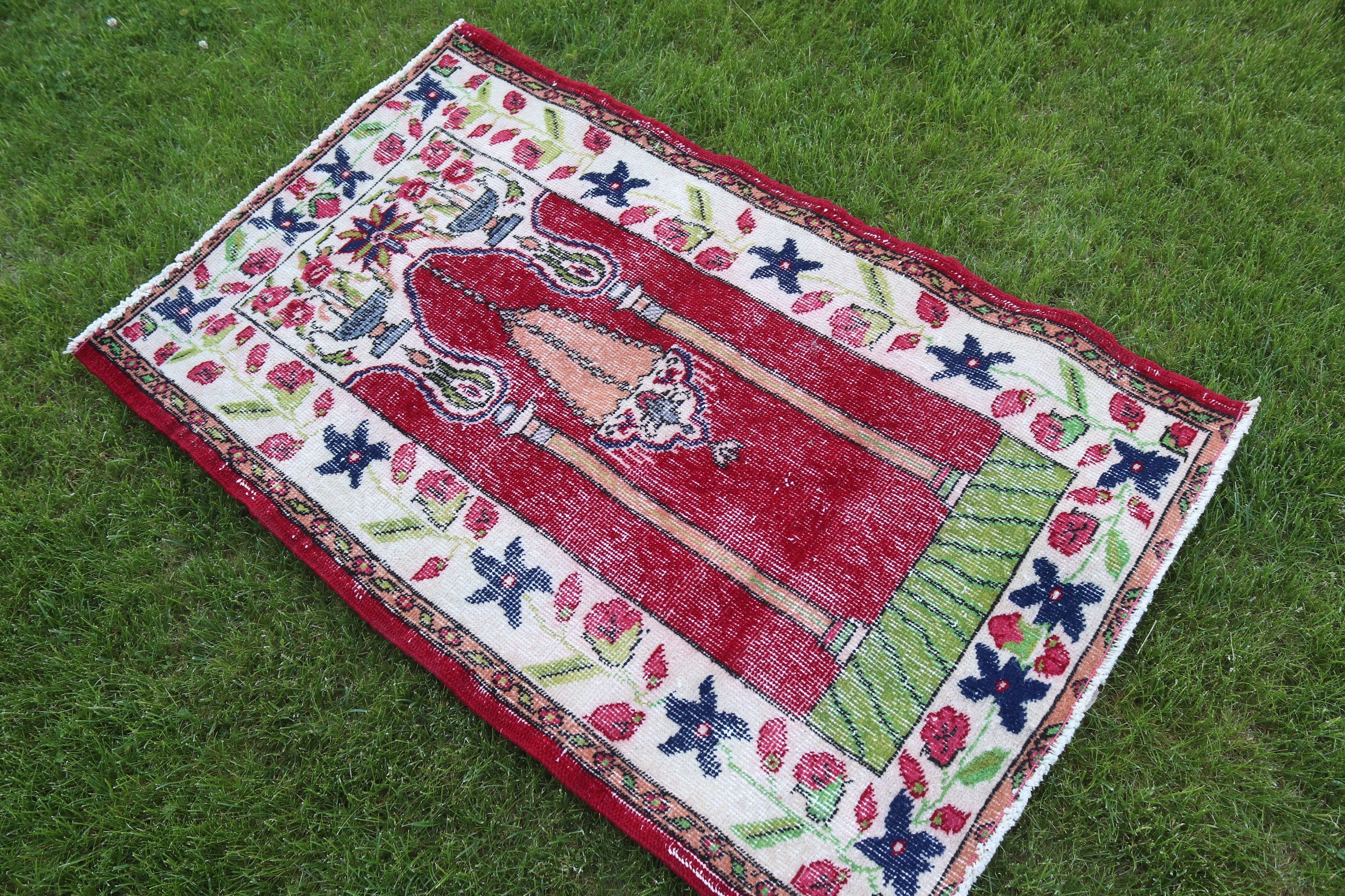 Rugs for Bathroom, Turkish Rug, 2.5x4 ft Small Rug, Moroccan Rug, Red Wool Rugs, Wall Hanging Rugs, Oushak Rugs, Car Mat Rug, Vintage Rug