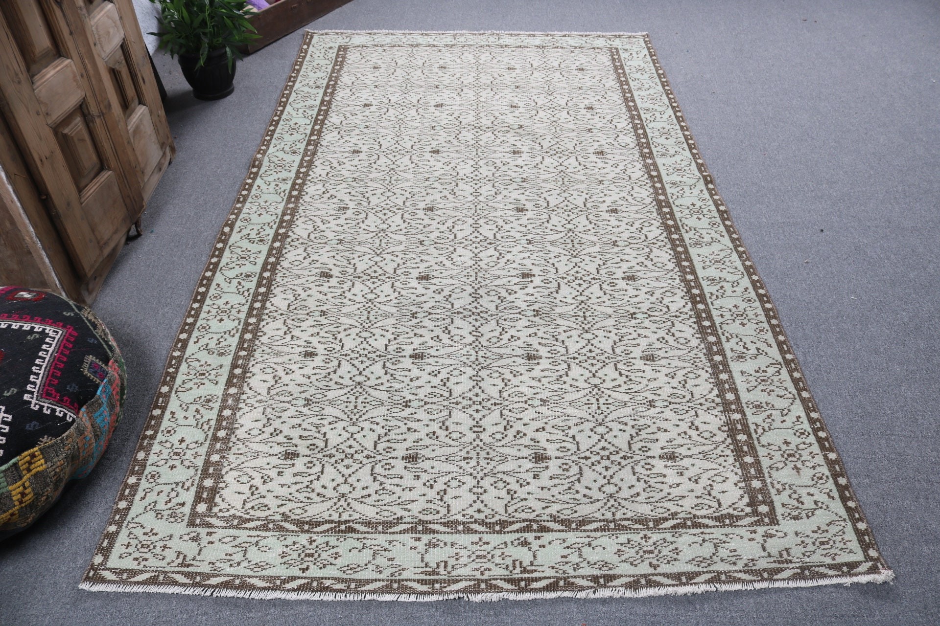 5.1x8.4 ft Büyük Halı, Oturma Odası Halıları, Yeşil Düz Dokuma Halılar, Açıklama Halısı, Türk Halısı, Lüks Halı, Vintage Halılar, Büyük Oushak Halıları