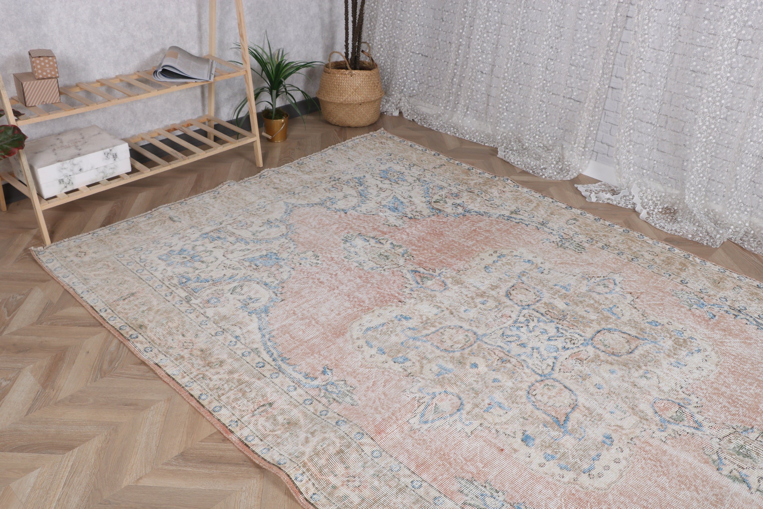 Yatak Odası Halısı, Vintage Halılar, 6x9.8 ft Büyük Halı, Yatak Odası Halıları, Türk Halısı, Oushak Halıları, Yer Halıları, Pembe Yer Halıları, Büyük Boho Halıları